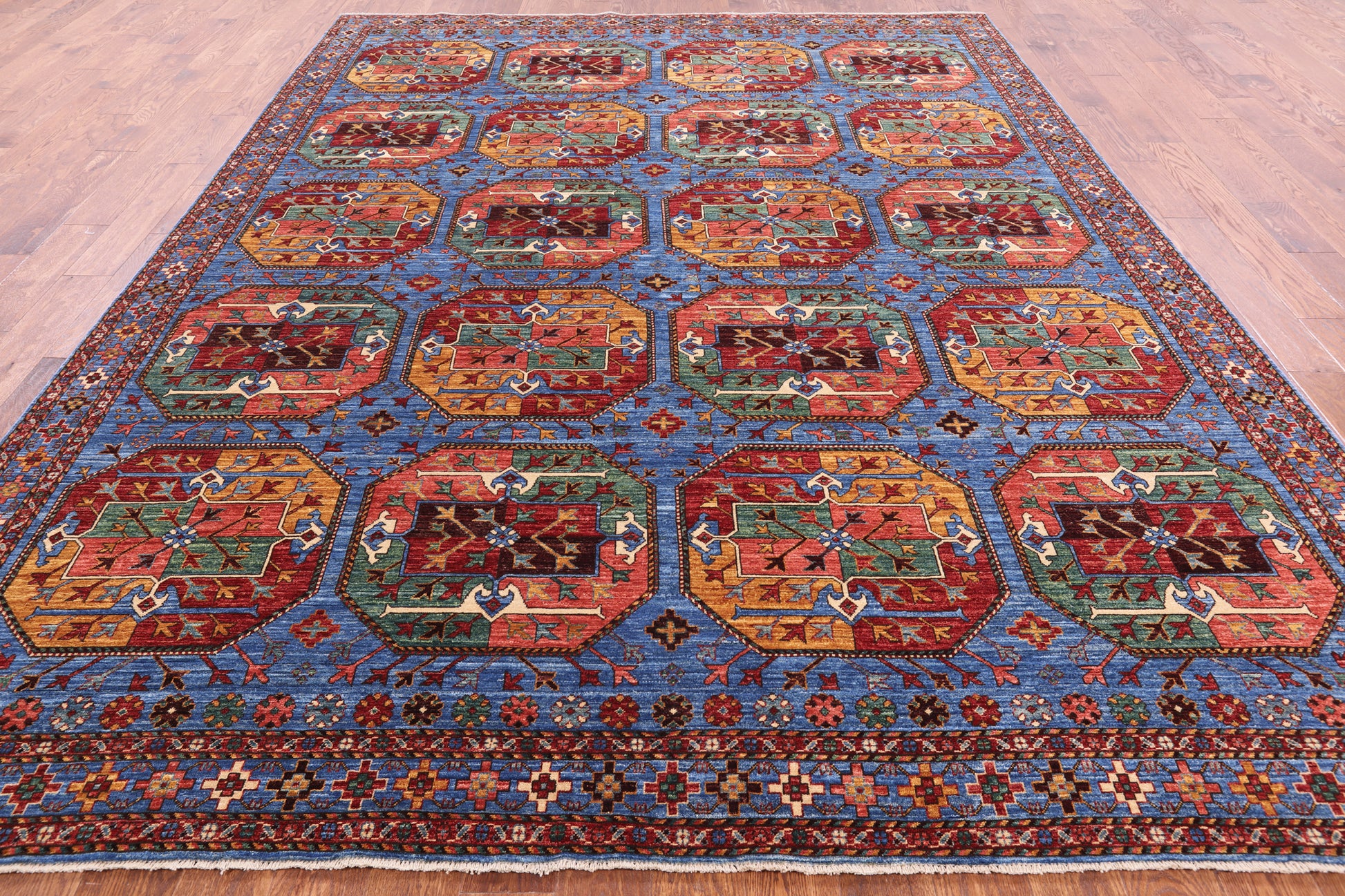 Blue Turkmen Ersari Handmade Wool Rug - 8' 11" X 11' 6" - Golden Nile