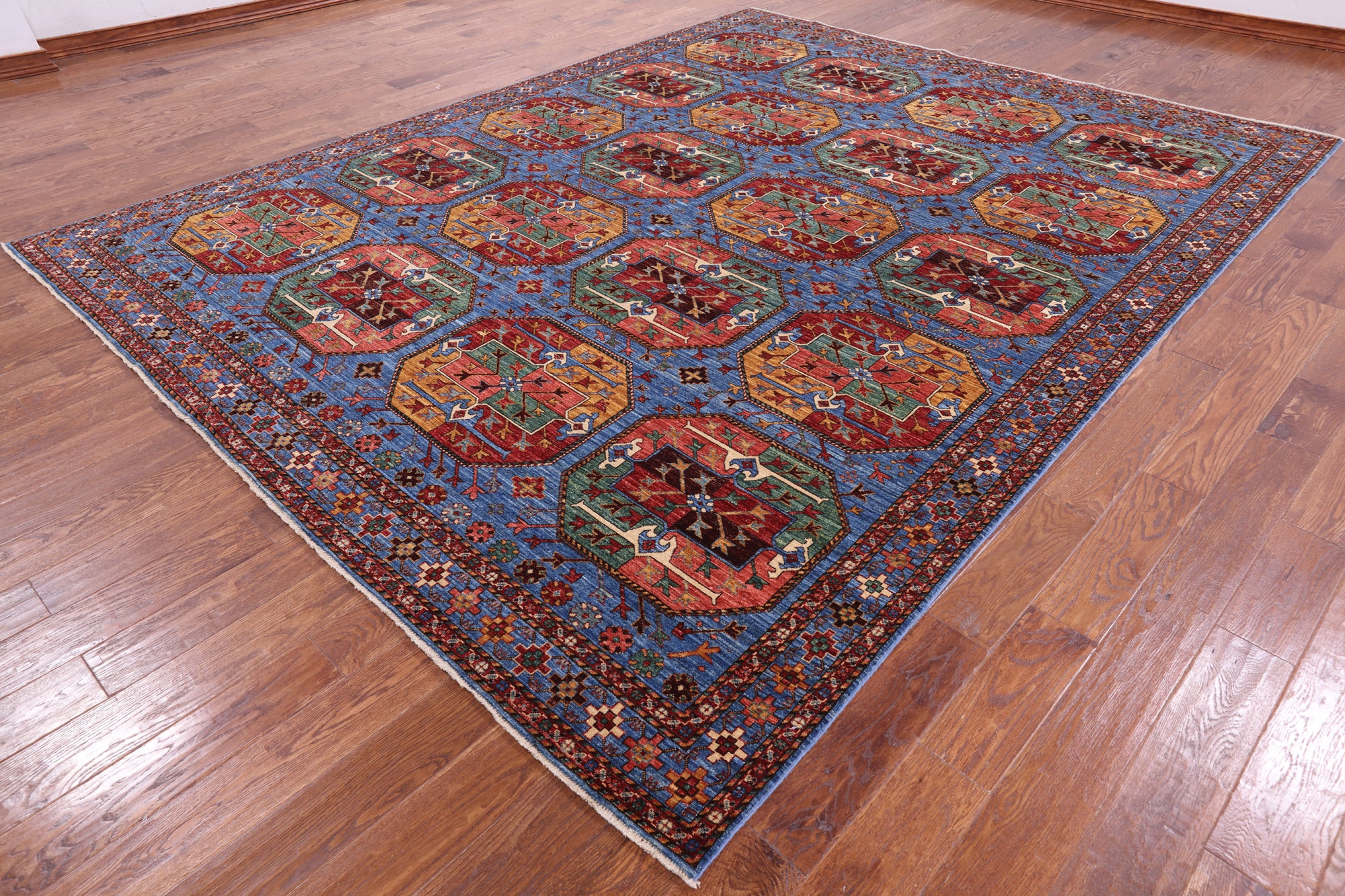 Blue Turkmen Ersari Handmade Wool Rug - 8' 11" X 11' 6" - Golden Nile