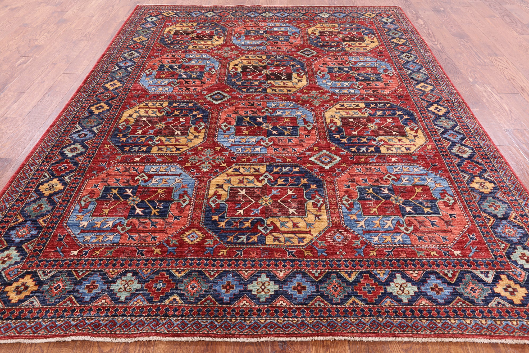 Red Turkmen Ersari Handmade Wool Rug - 7' 10" X 9' 8" - Golden Nile