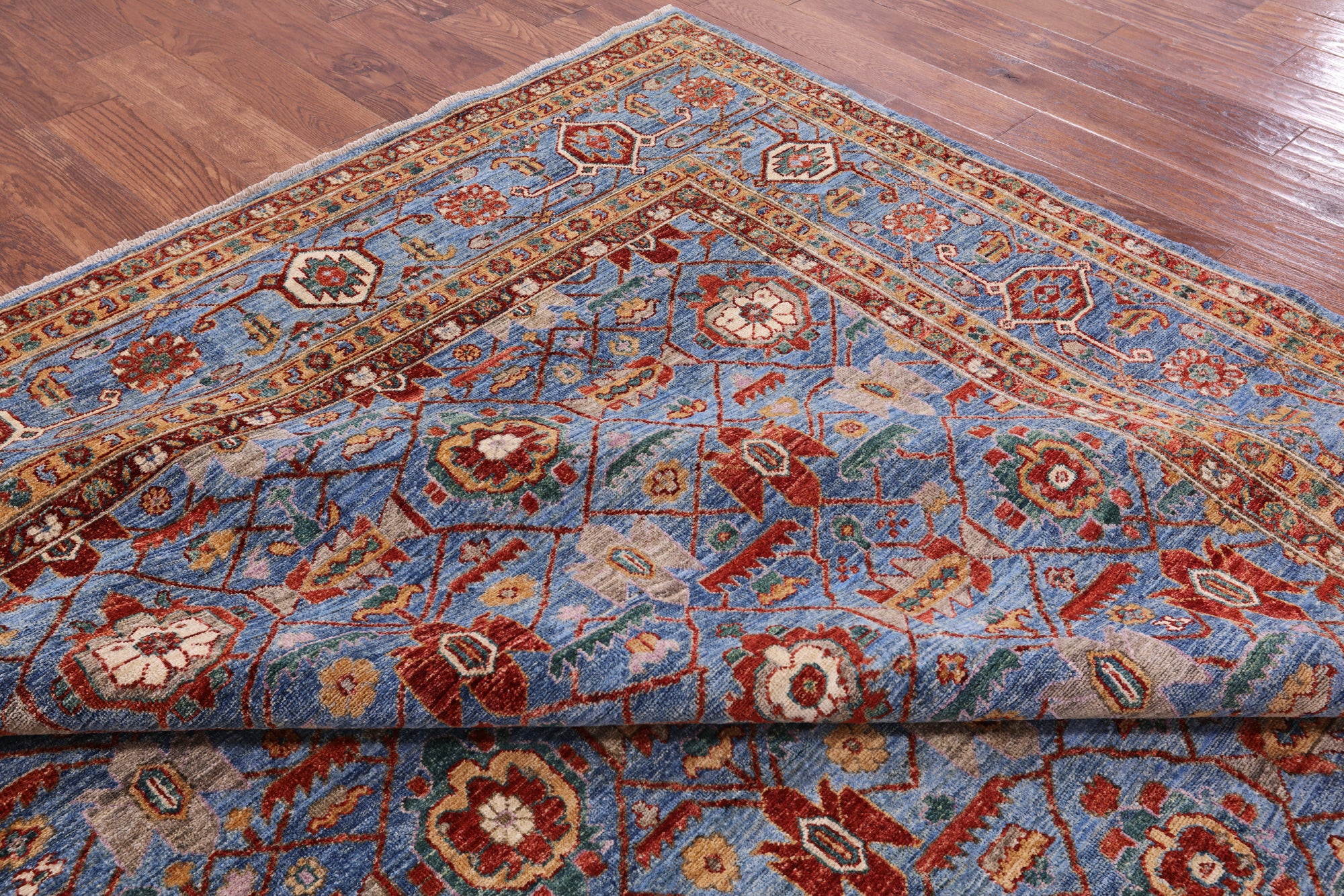 Blue Persian Fine Serapi Hand Knotted Wool Rug - 8' 10" X 11' 10" - Golden Nile