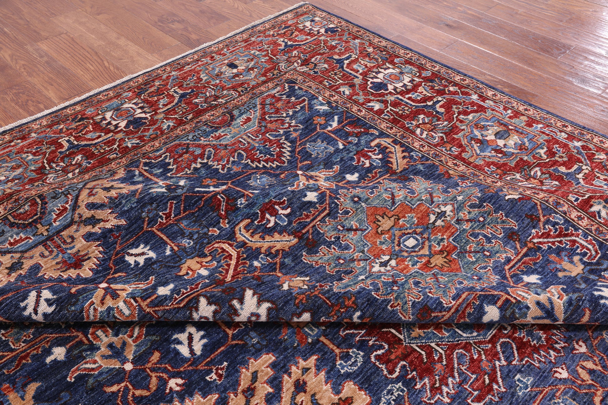 Blue Persian Fine Serapi Hand Knotted Wool Rug - 8' 11" X 12' 0" - Golden Nile