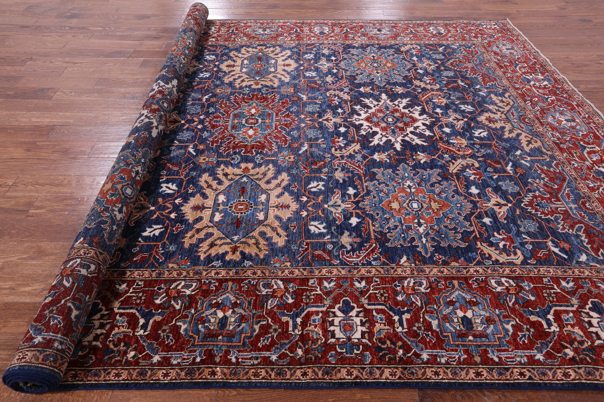 Blue Persian Fine Serapi Hand Knotted Wool Rug - 8' 11" X 12' 0" - Golden Nile