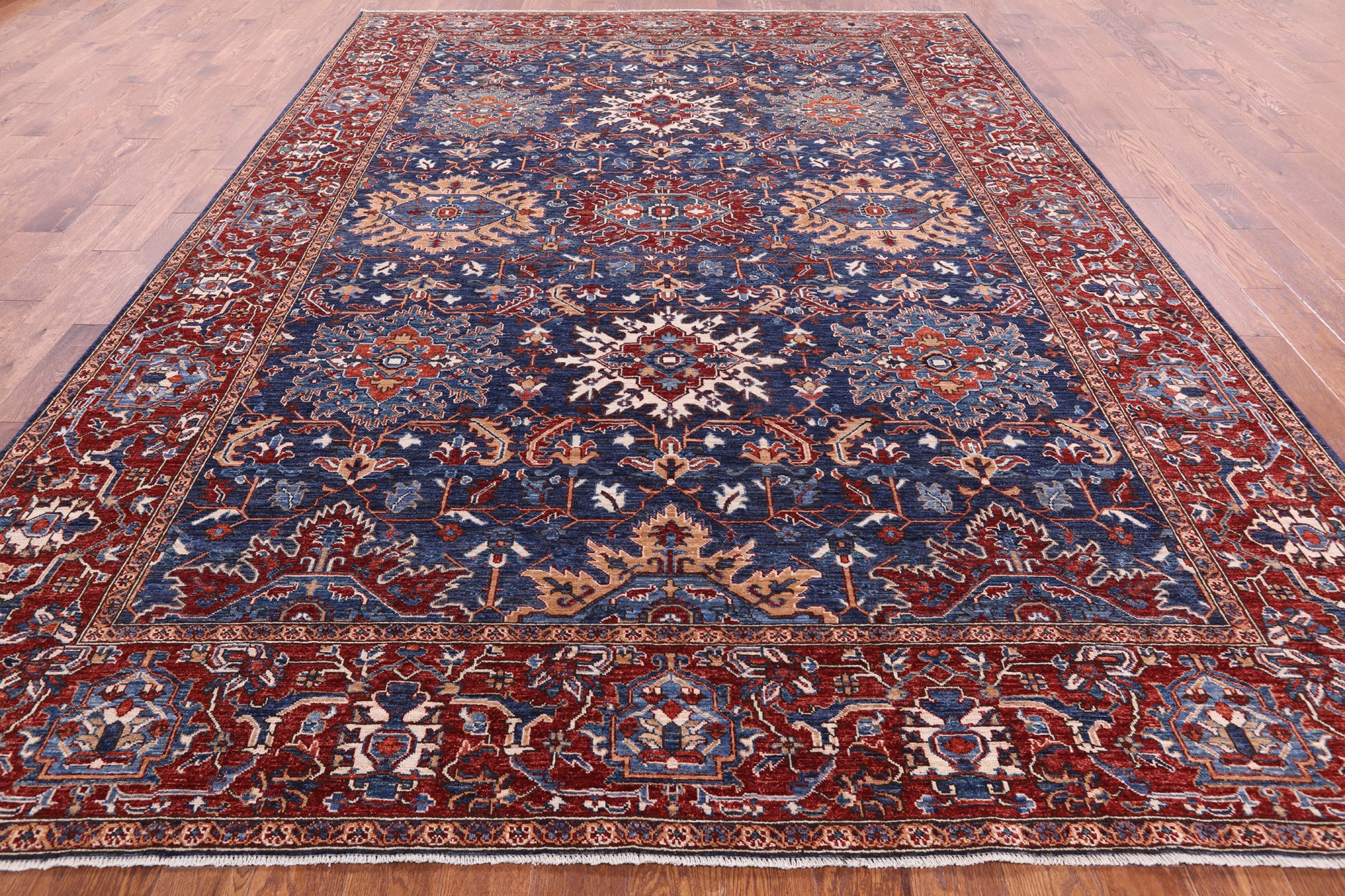 Blue Persian Fine Serapi Hand Knotted Wool Rug - 8' 11" X 12' 0" - Golden Nile