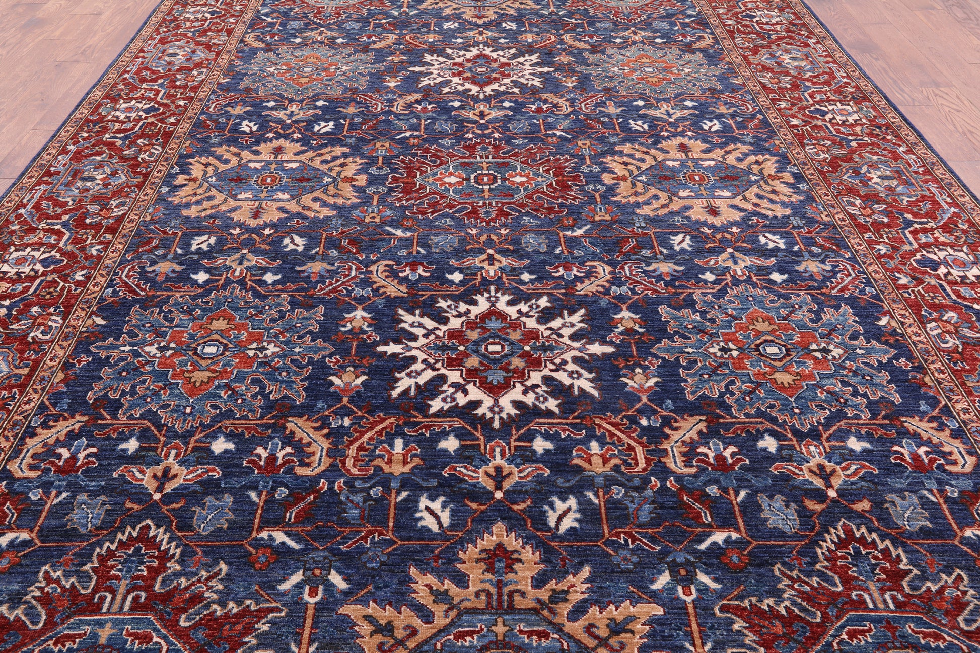 Blue Persian Fine Serapi Hand Knotted Wool Rug - 8' 11" X 12' 0" - Golden Nile
