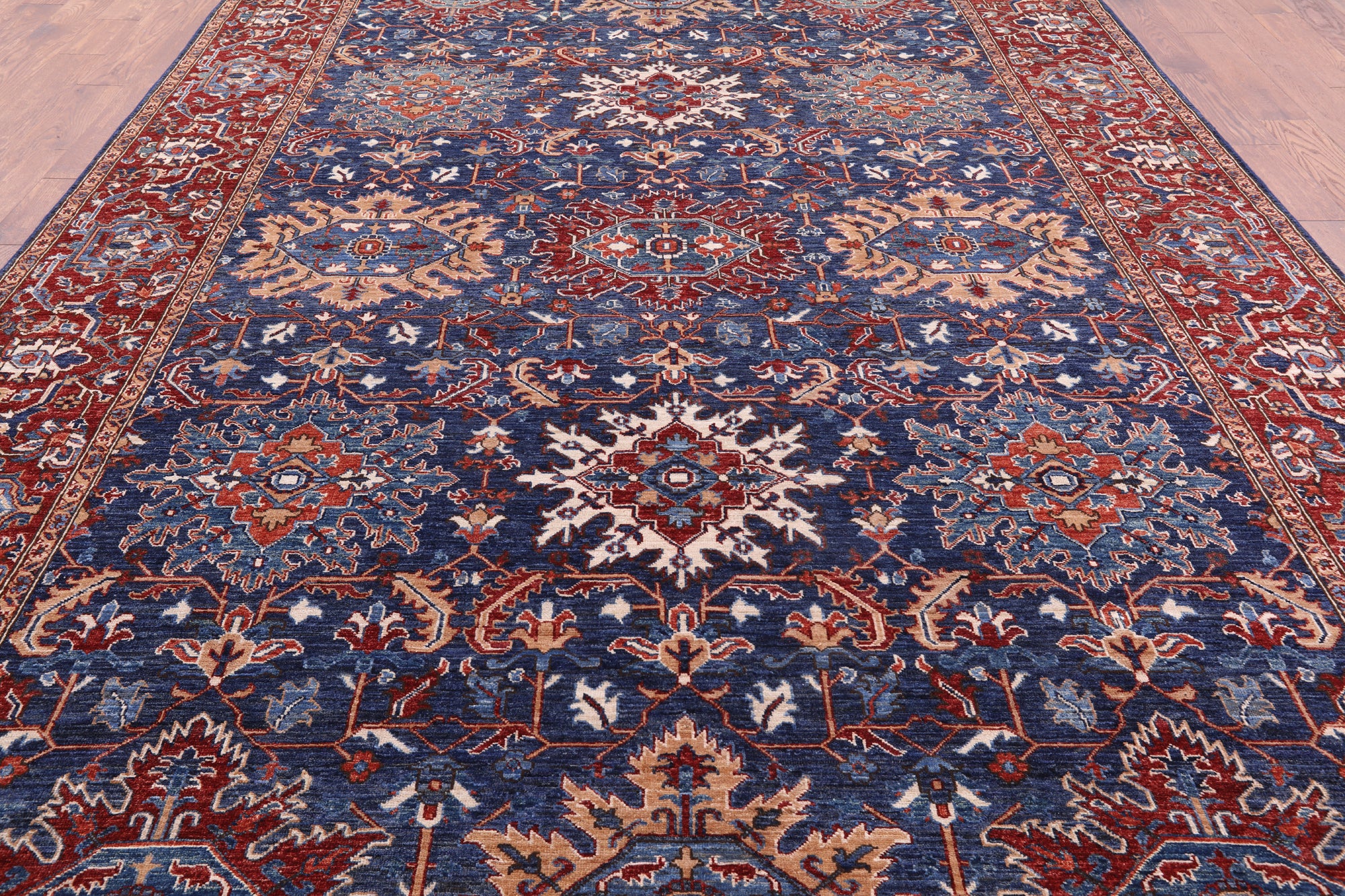 Blue Persian Fine Serapi Hand Knotted Wool Rug - 8' 11" X 12' 0" - Golden Nile
