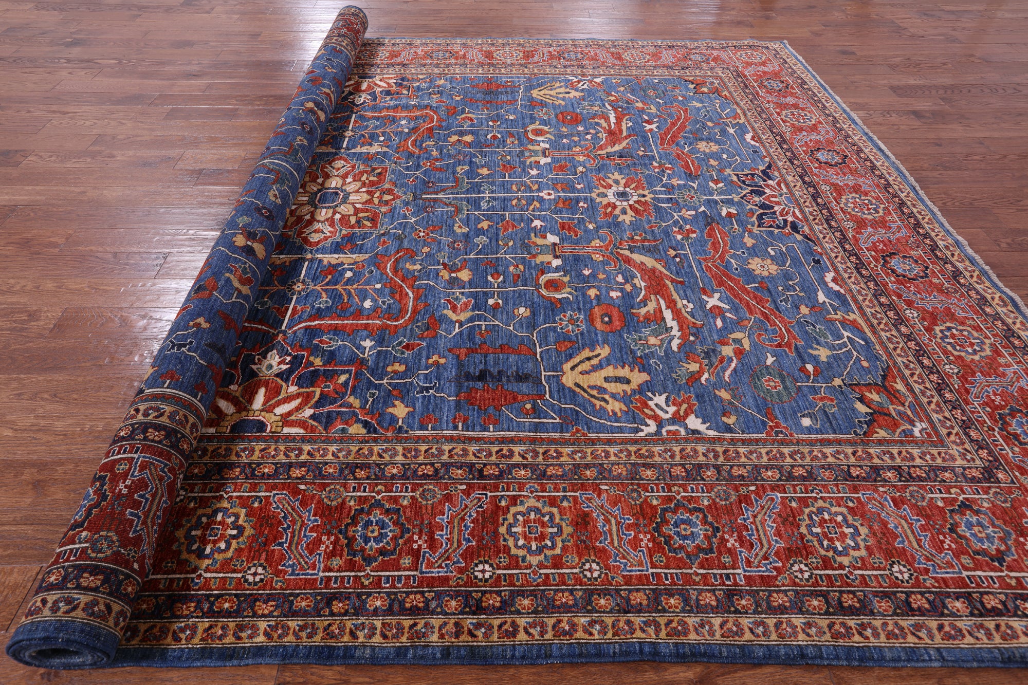 Blue Persian Fine Serapi Handmade Wool Rug - 9' 11" X 13' 7" - Golden Nile