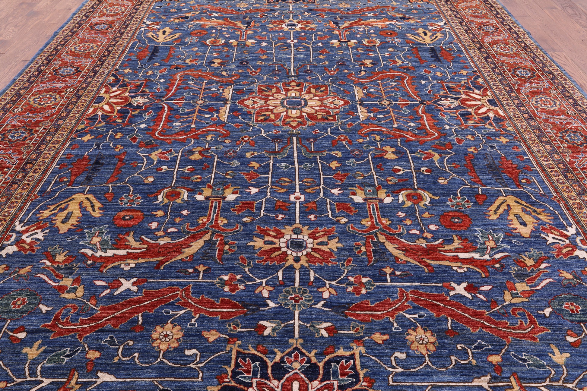 Blue Persian Fine Serapi Handmade Wool Rug - 9' 11" X 13' 7" - Golden Nile
