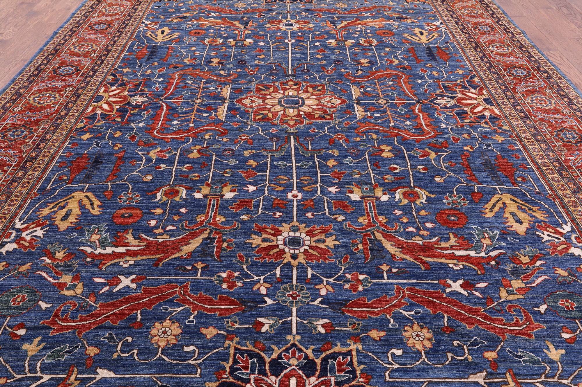 Blue Persian Fine Serapi Handmade Wool Rug - 9' 11" X 13' 7" - Golden Nile