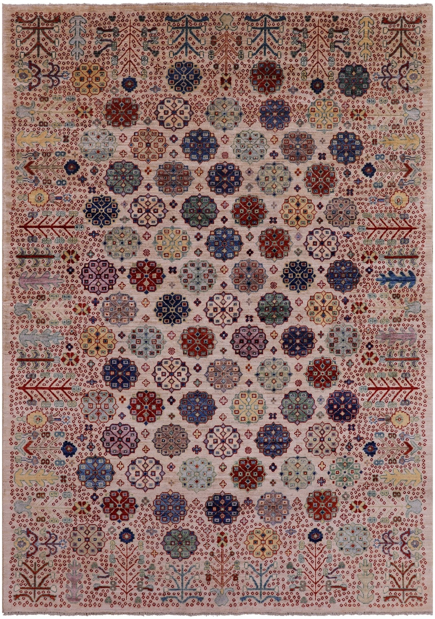 Ivory Turkmen Ersari Hand Knotted Wool Rug - 6' 4" X 8' 10" - Golden Nile