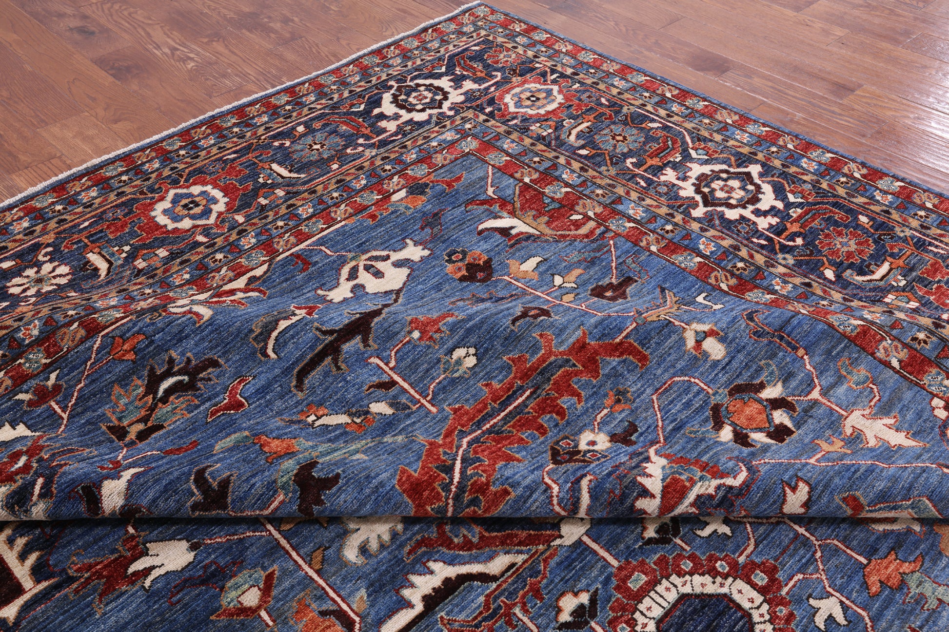 Blue Persian Fine Serapi Hand Knotted Wool Rug - 12' 1" X 14' 8" - Golden Nile