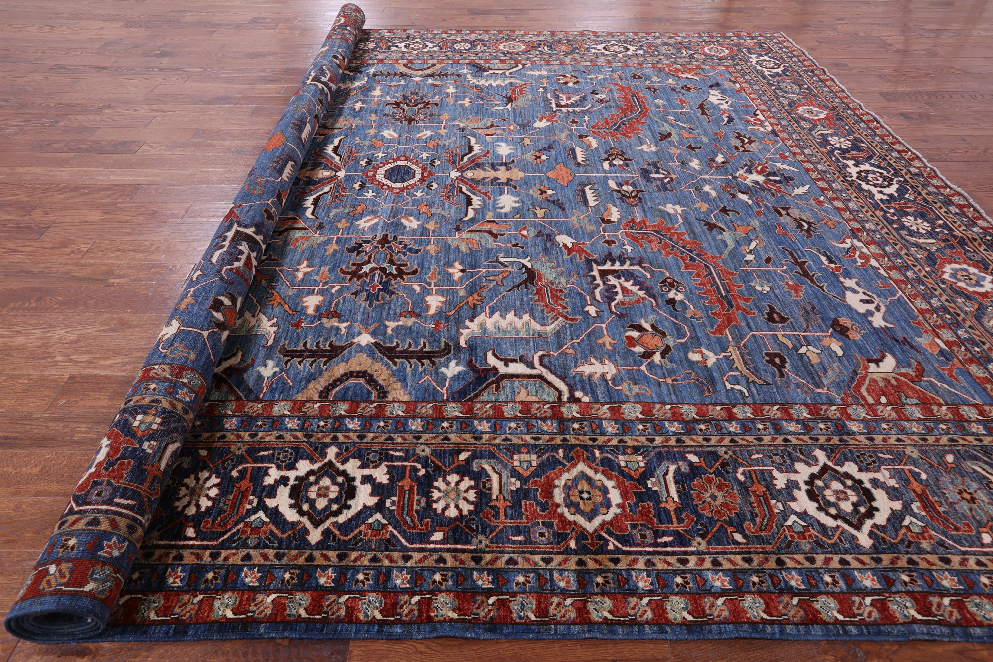 Blue Persian Fine Serapi Hand Knotted Wool Rug - 12' 1" X 14' 8" - Golden Nile