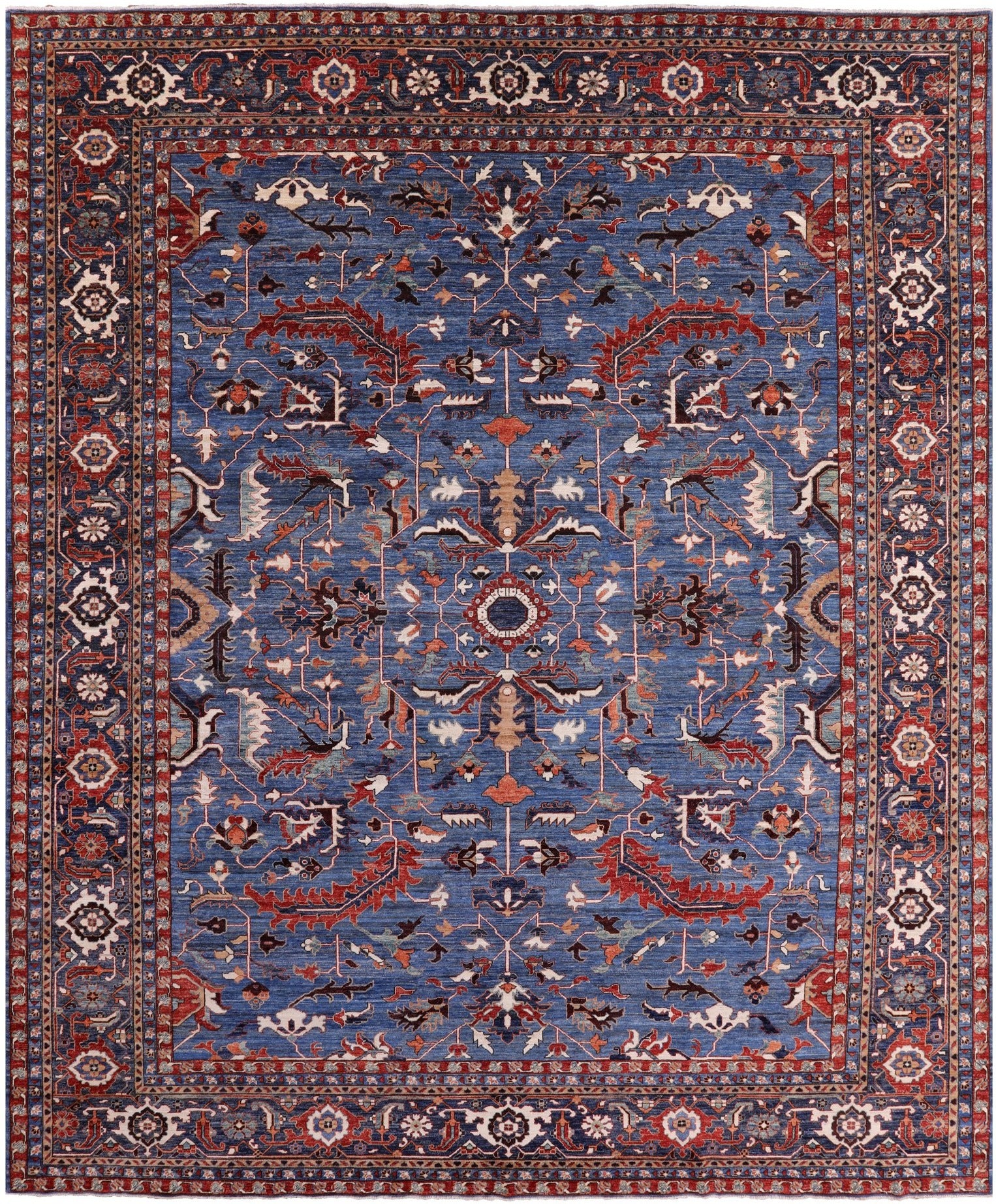 Blue Persian Fine Serapi Hand Knotted Wool Rug - 12' 1" X 14' 8" - Golden Nile