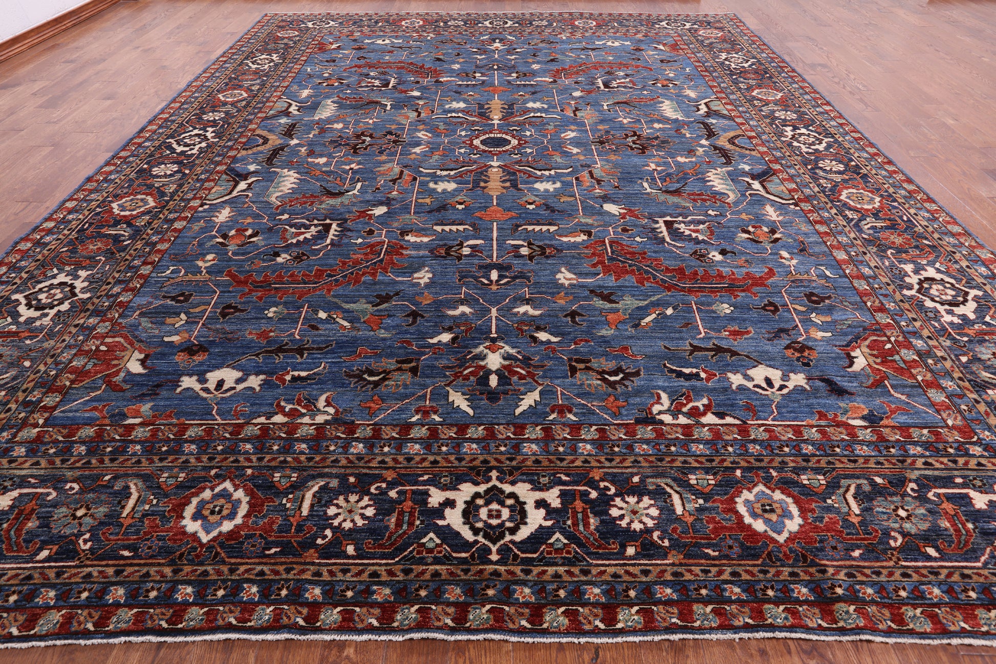Blue Persian Fine Serapi Hand Knotted Wool Rug - 12' 1" X 14' 8" - Golden Nile