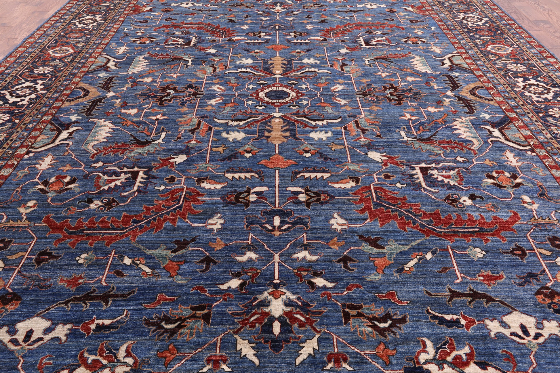 Blue Persian Fine Serapi Hand Knotted Wool Rug - 12' 1" X 14' 8" - Golden Nile