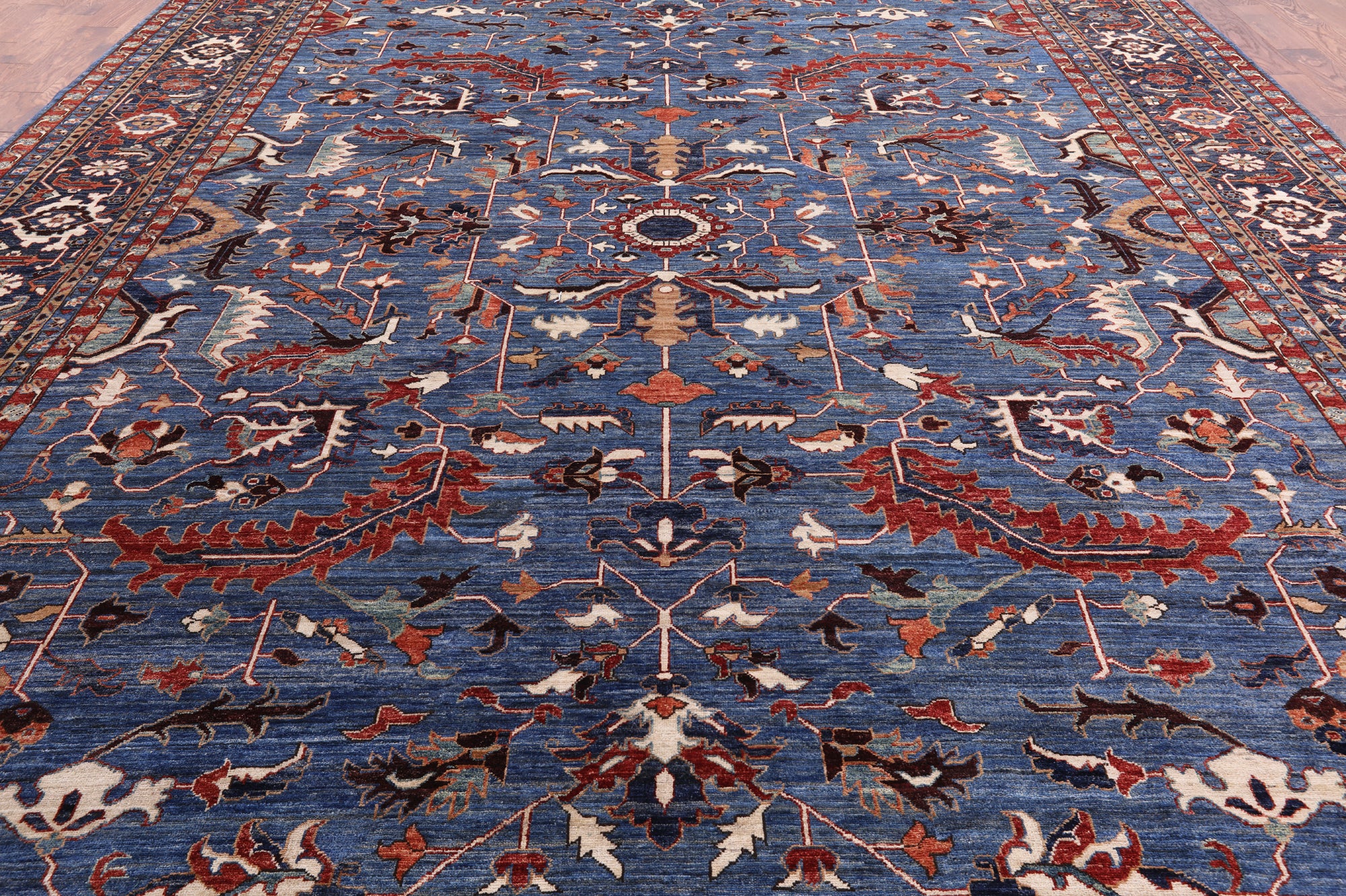 Blue Persian Fine Serapi Hand Knotted Wool Rug - 12' 1" X 14' 8" - Golden Nile