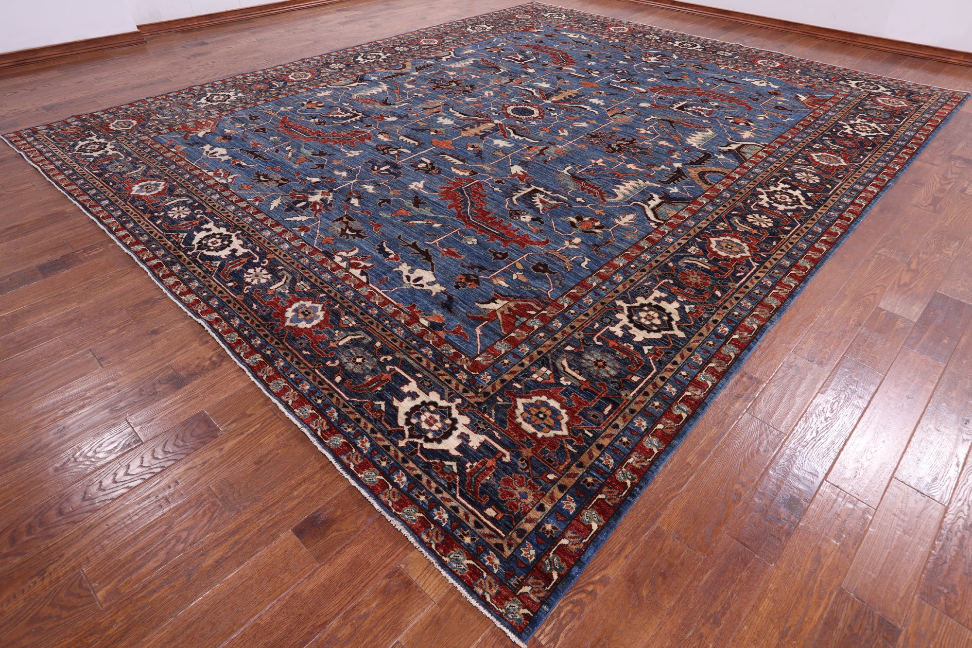 Blue Persian Fine Serapi Hand Knotted Wool Rug - 12' 1" X 14' 8" - Golden Nile