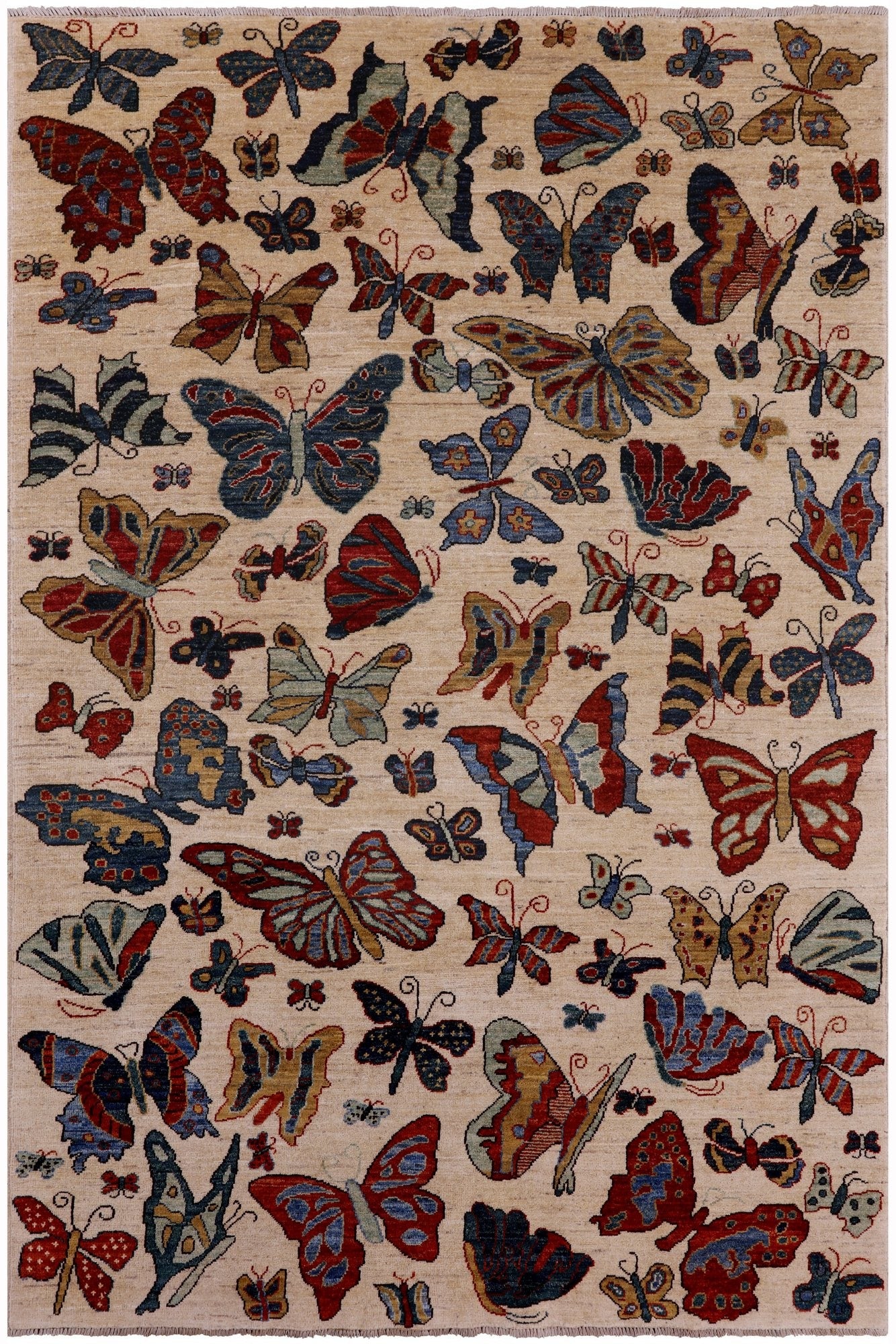 Ivory Butterflies Design Modern Handmade Wool Rug - 5' 7" X 8' 5" - Golden Nile