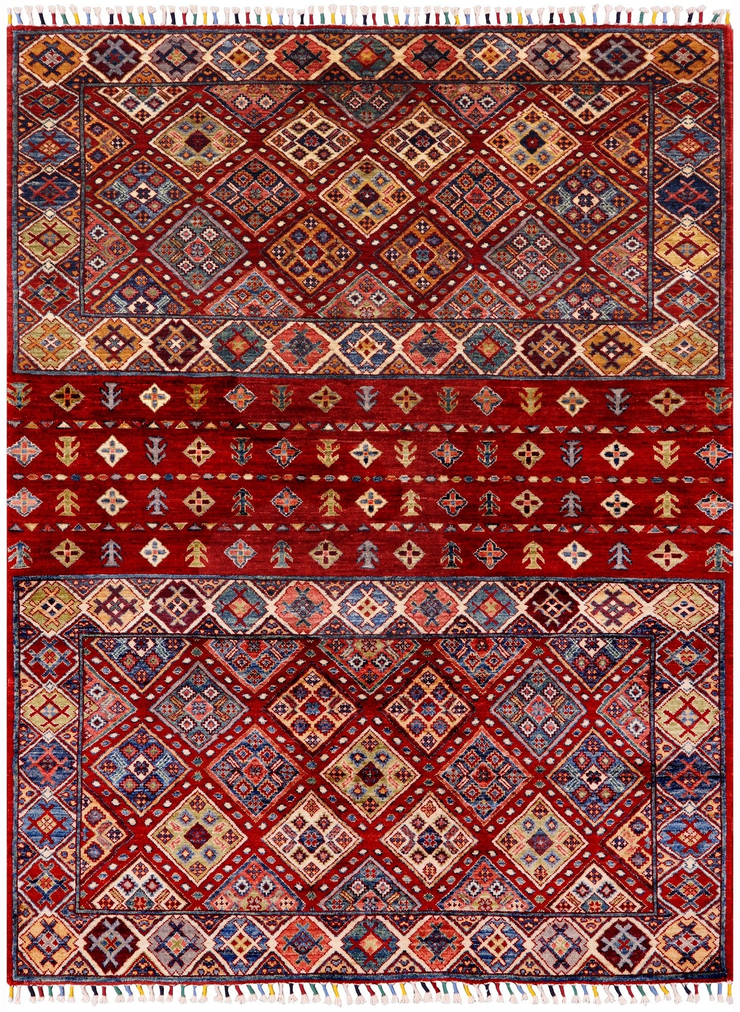 Red Tribal Khorjin Persian Gabbeh Handmade Rug - 4' 11" X 6' 7" - Golden Nile