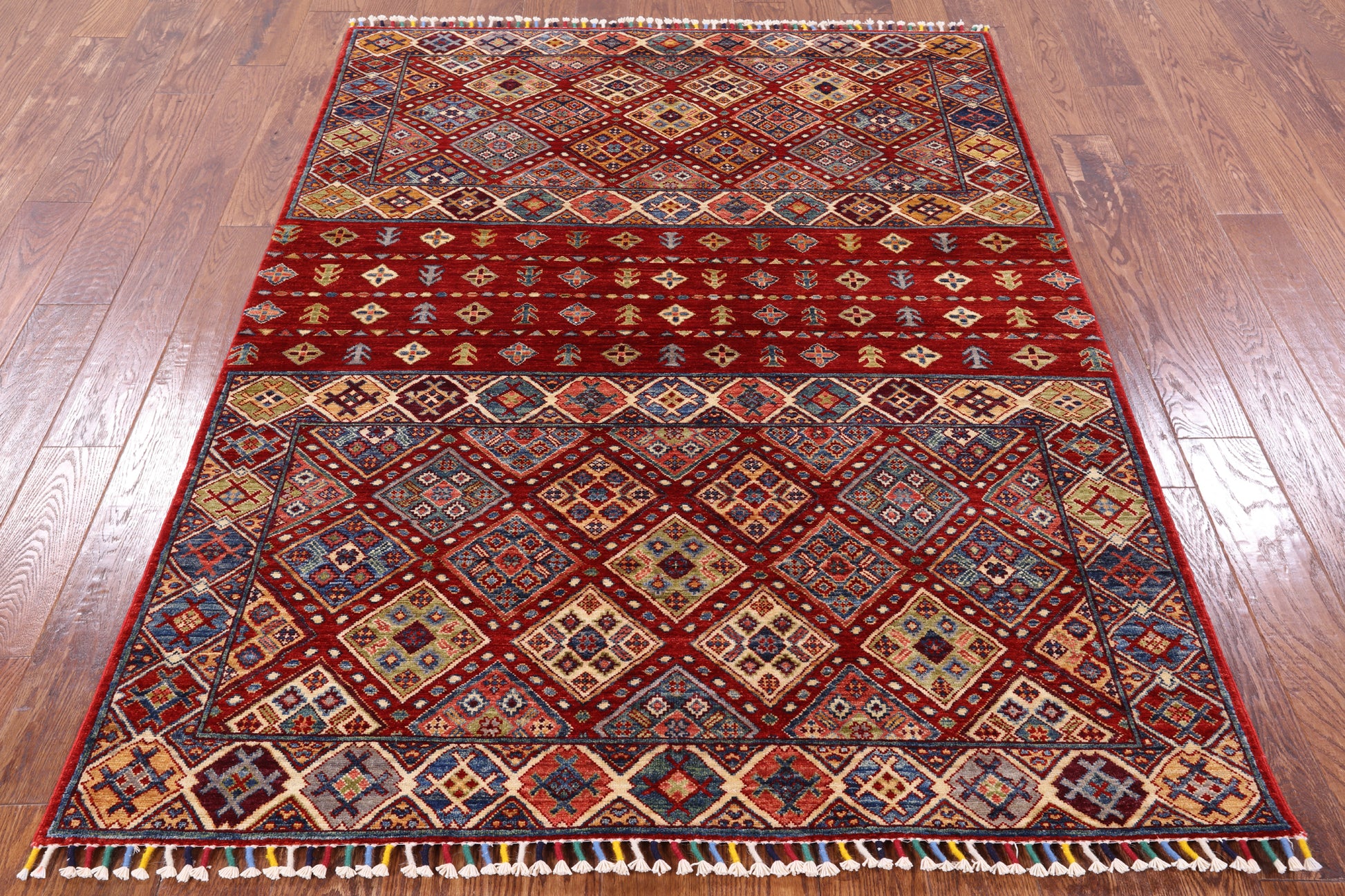 Red Tribal Khorjin Persian Gabbeh Handmade Rug - 4' 11" X 6' 7" - Golden Nile