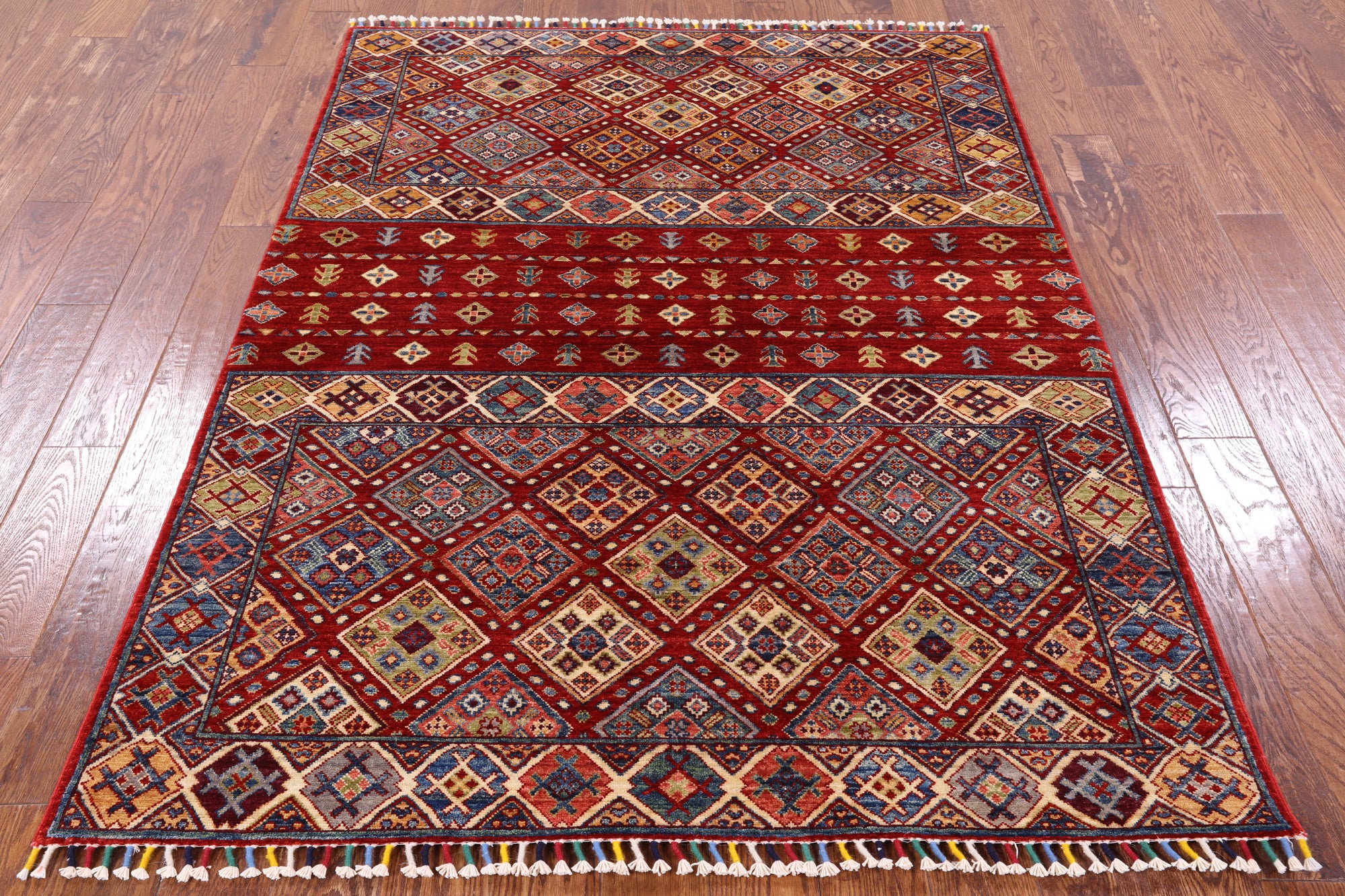 Red Tribal Khorjin Persian Gabbeh Handmade Rug - 4' 11" X 6' 7" - Golden Nile