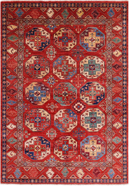 Red Turkmen Ersari Handmade Wool Rug - 6' 7" X 9' 7" - Golden Nile