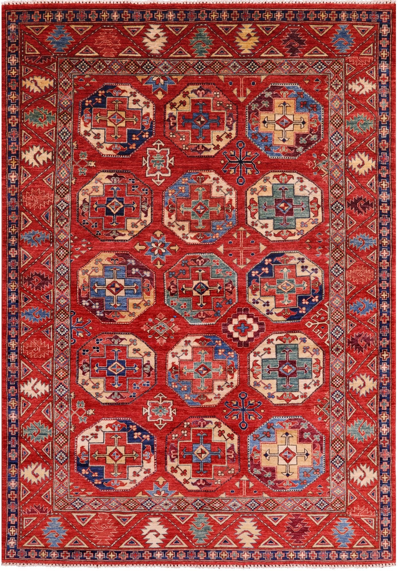 Red Turkmen Ersari Handmade Wool Rug - 6' 7" X 9' 7" - Golden Nile
