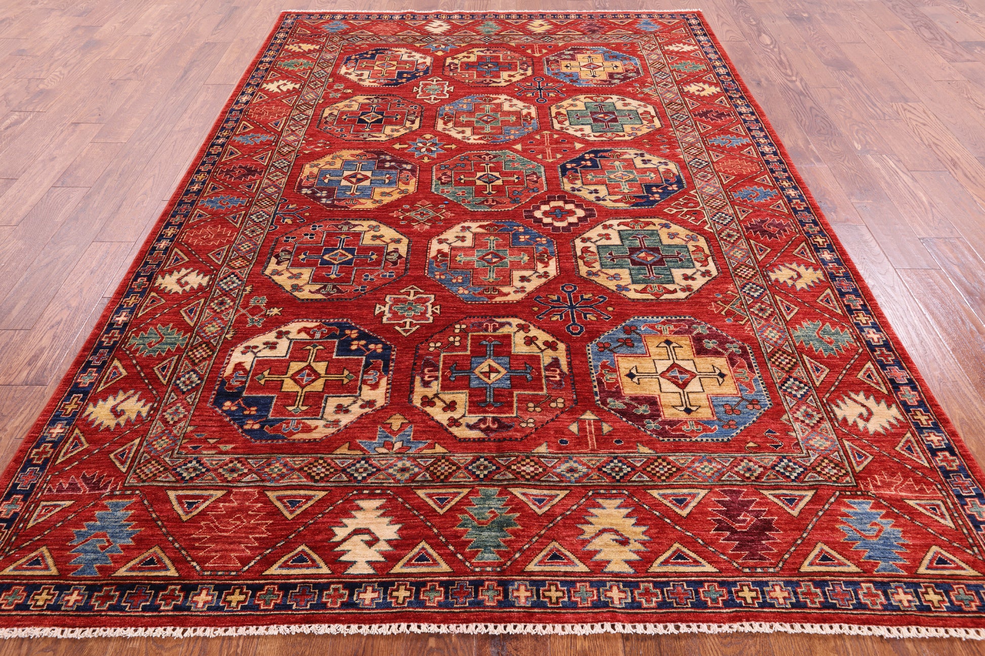 Red Turkmen Ersari Handmade Wool Rug - 6' 7" X 9' 7" - Golden Nile