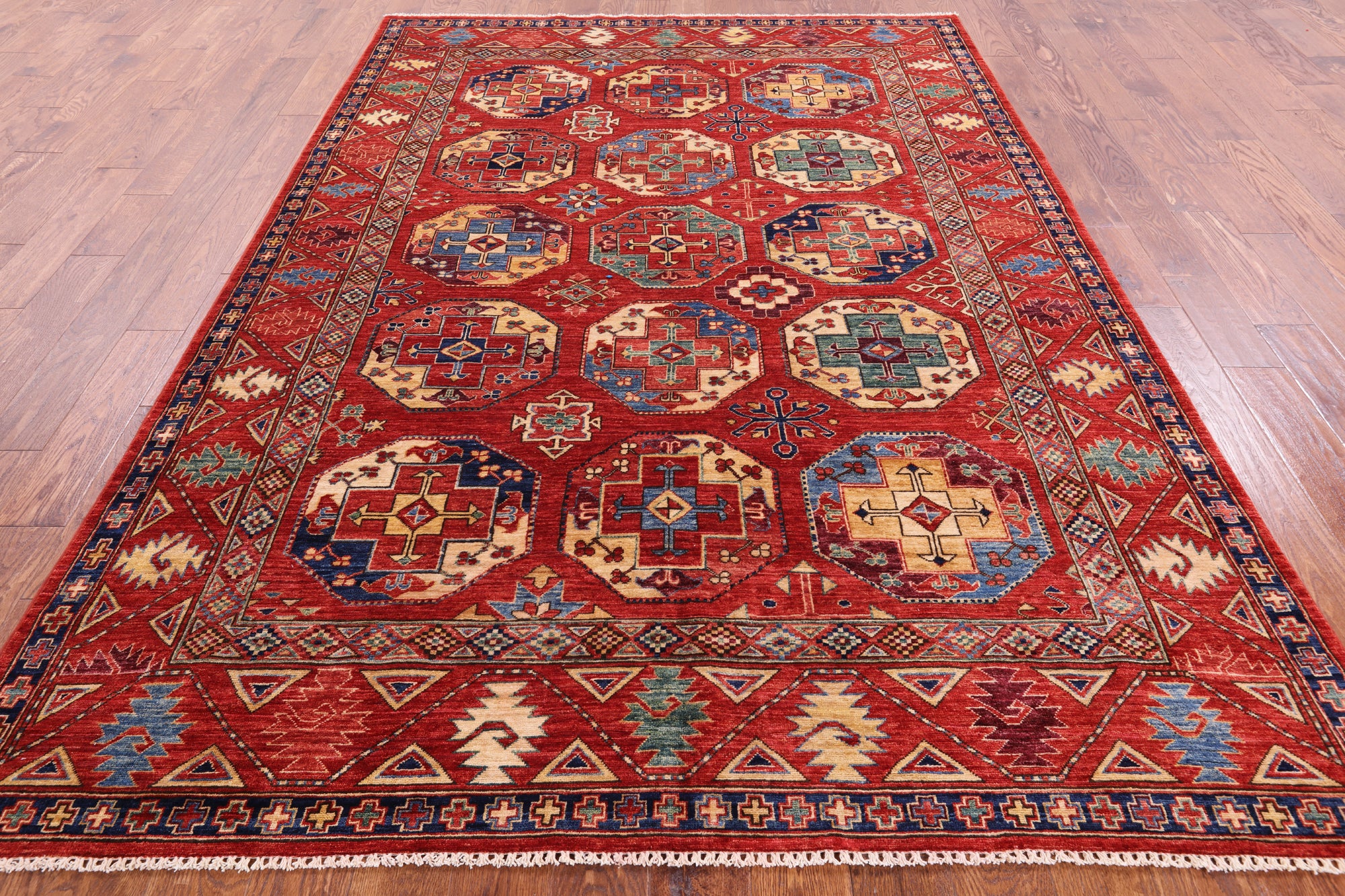 Red Turkmen Ersari Handmade Wool Rug - 6' 7" X 9' 7" - Golden Nile