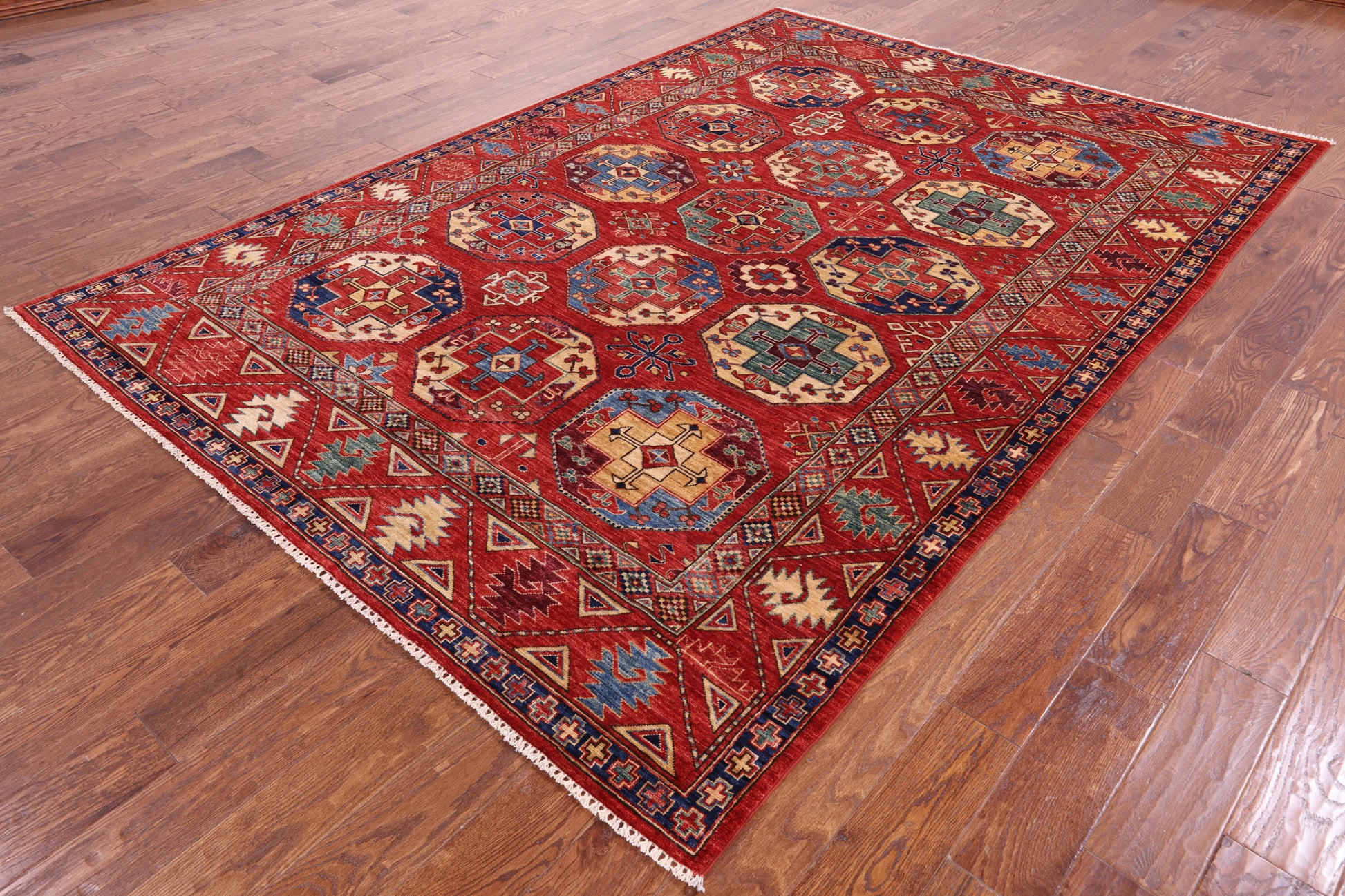 Red Turkmen Ersari Handmade Wool Rug - 6' 7" X 9' 7" - Golden Nile