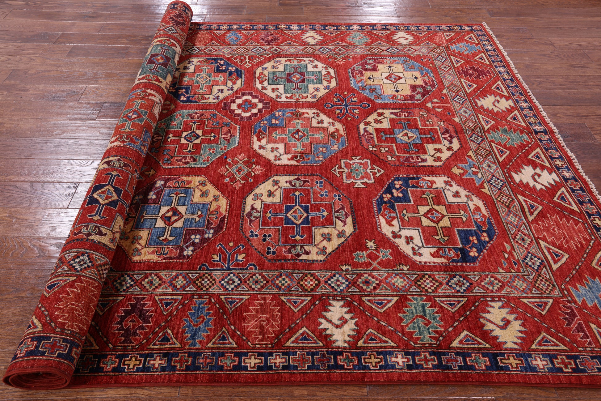 Red Turkmen Ersari Handmade Wool Rug - 6' 7" X 9' 7" - Golden Nile
