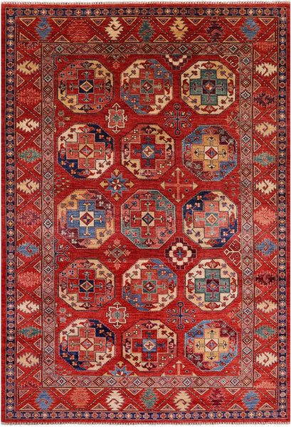 Red Turkmen Ersari Handmade Wool Rug - 6' 7" X 9' 9" - Golden Nile