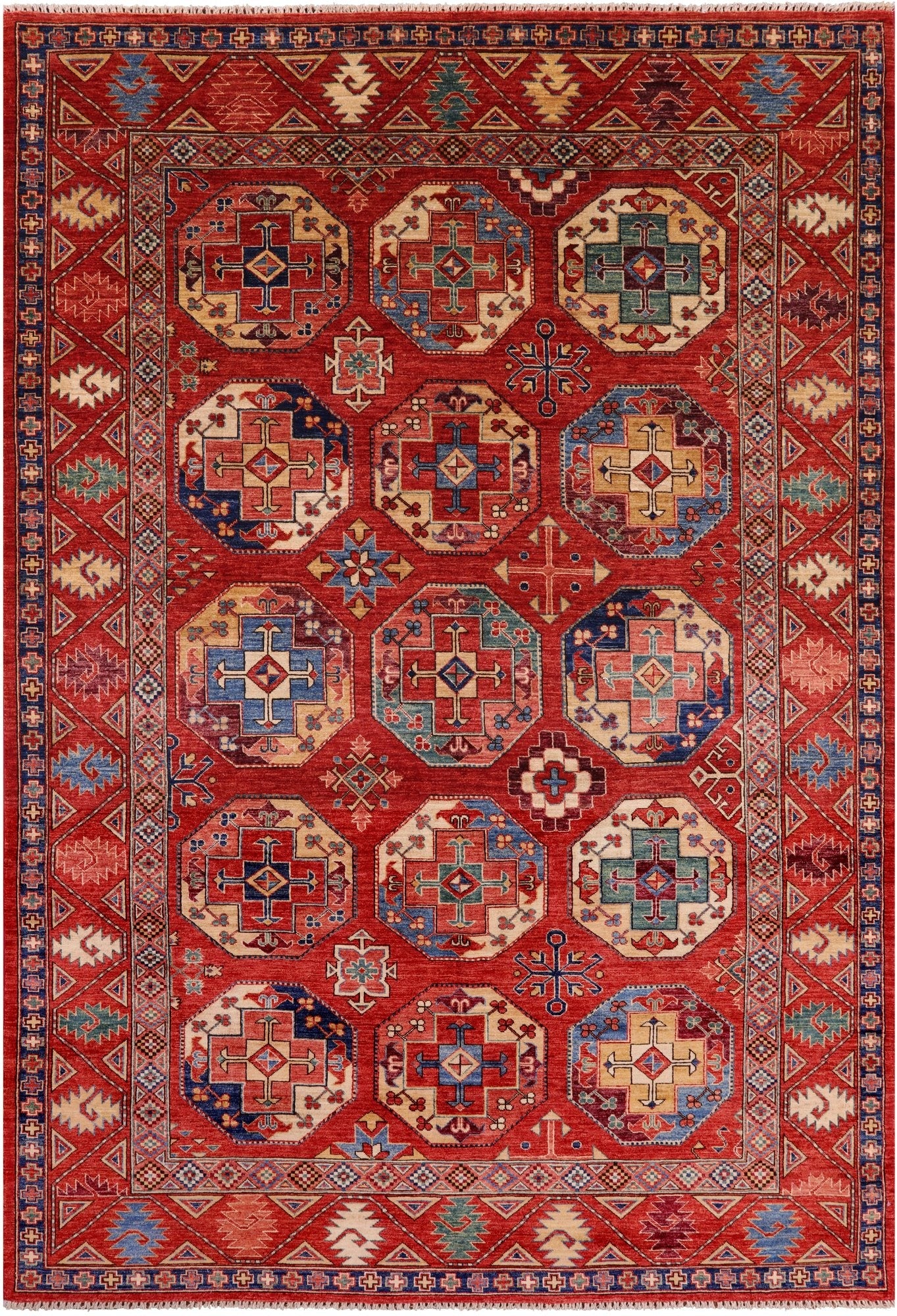 Red Turkmen Ersari Handmade Wool Rug - 6' 7" X 9' 9" - Golden Nile
