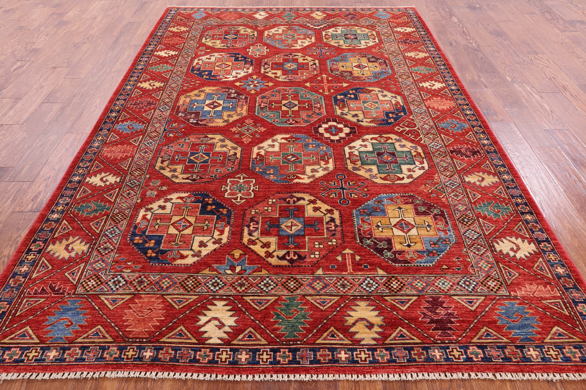 Red Turkmen Ersari Handmade Wool Rug - 6' 7" X 9' 9" - Golden Nile