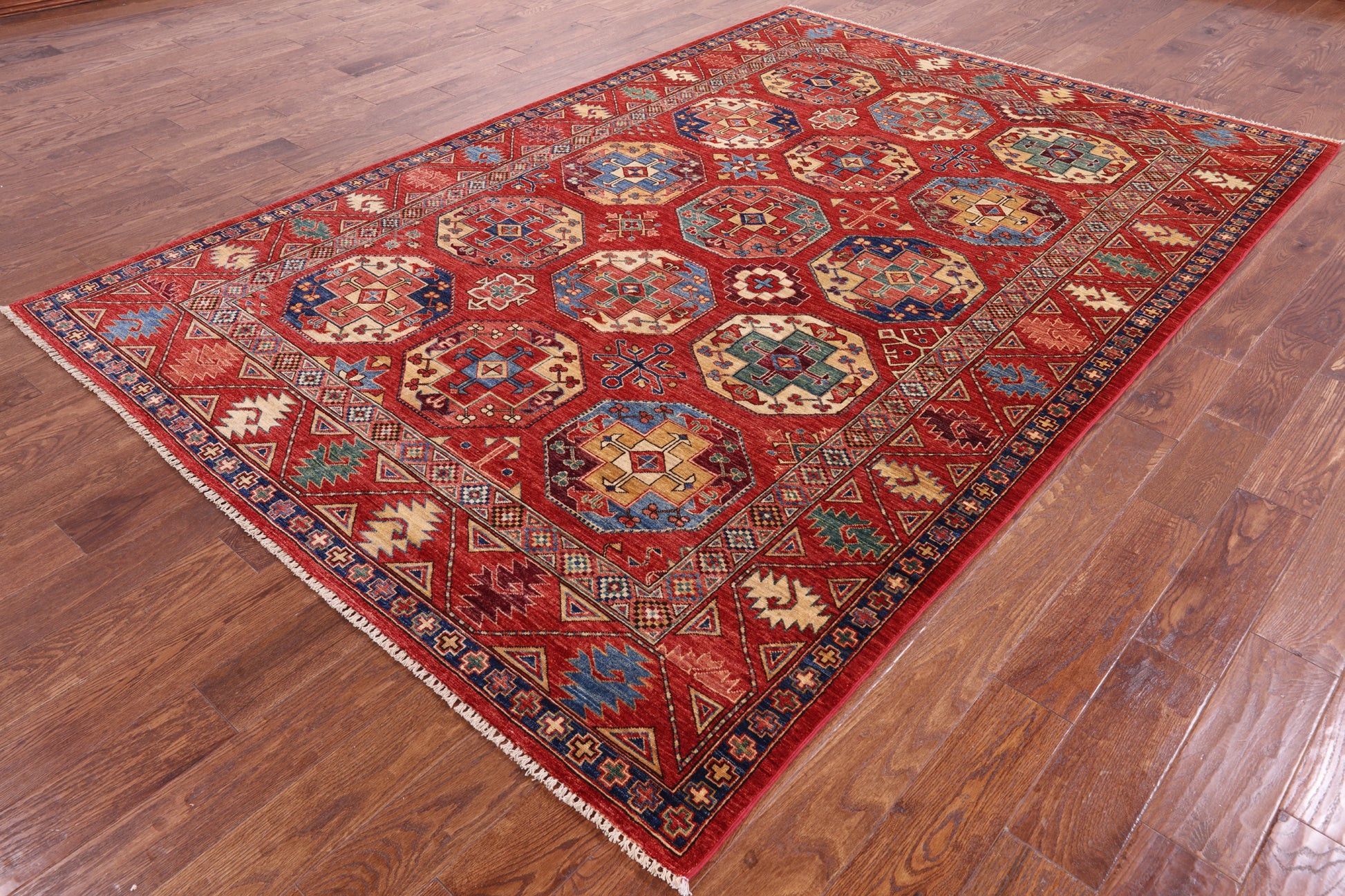 Red Turkmen Ersari Handmade Wool Rug - 6' 7" X 9' 9" - Golden Nile