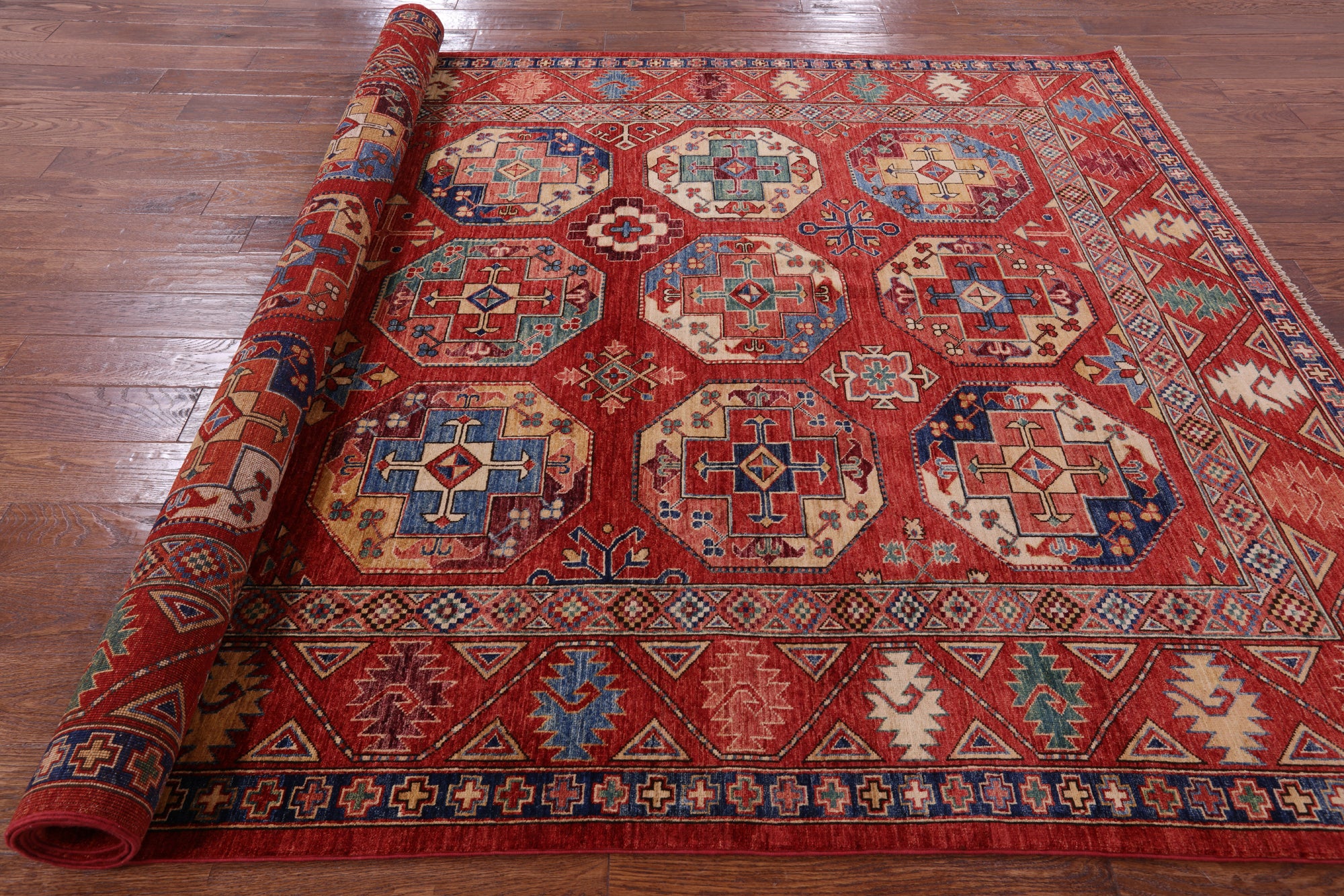 Red Turkmen Ersari Handmade Wool Rug - 6' 7" X 9' 9" - Golden Nile