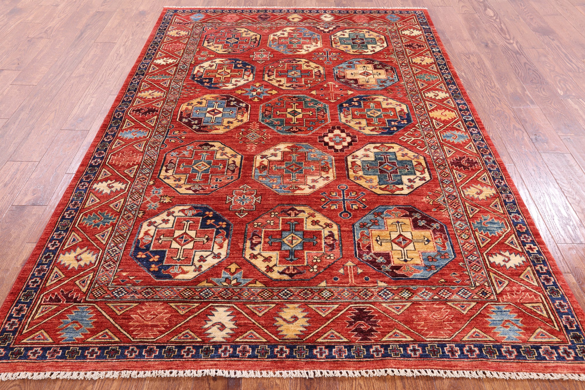 Red Turkmen Ersari Handmade Wool Rug - 5' 7" X 7' 10" - Golden Nile