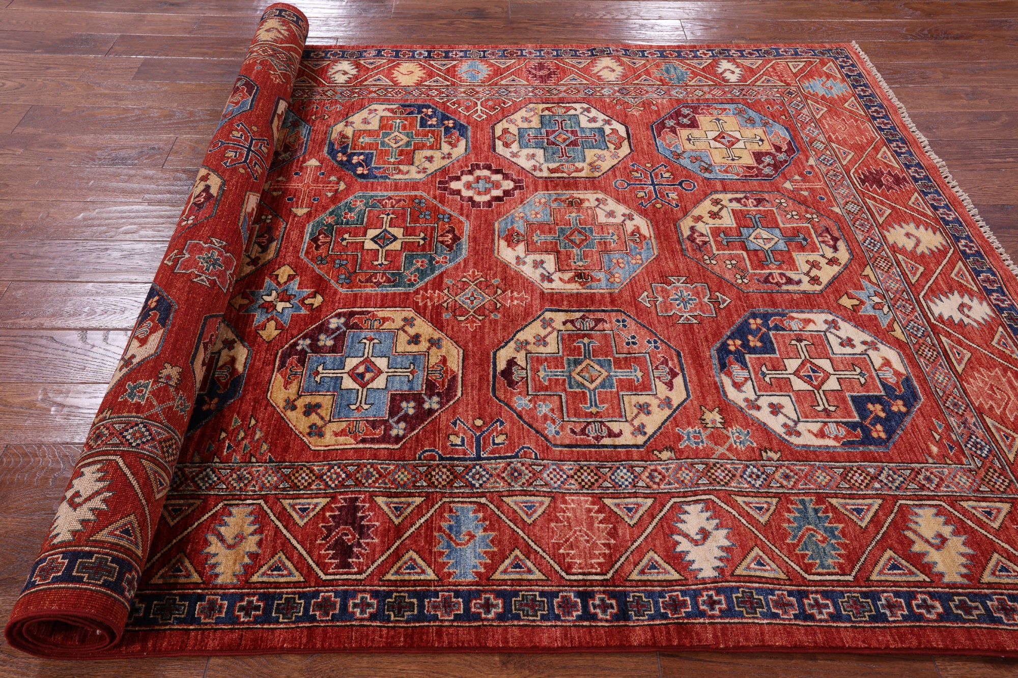Red Turkmen Ersari Handmade Wool Rug - 5' 7" X 7' 10" - Golden Nile