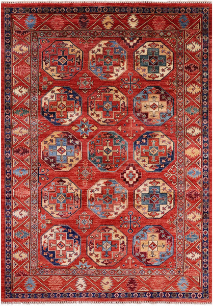 Red Turkmen Ersari Handmade Wool Rug - 5' 7" X 7' 10" - Golden Nile