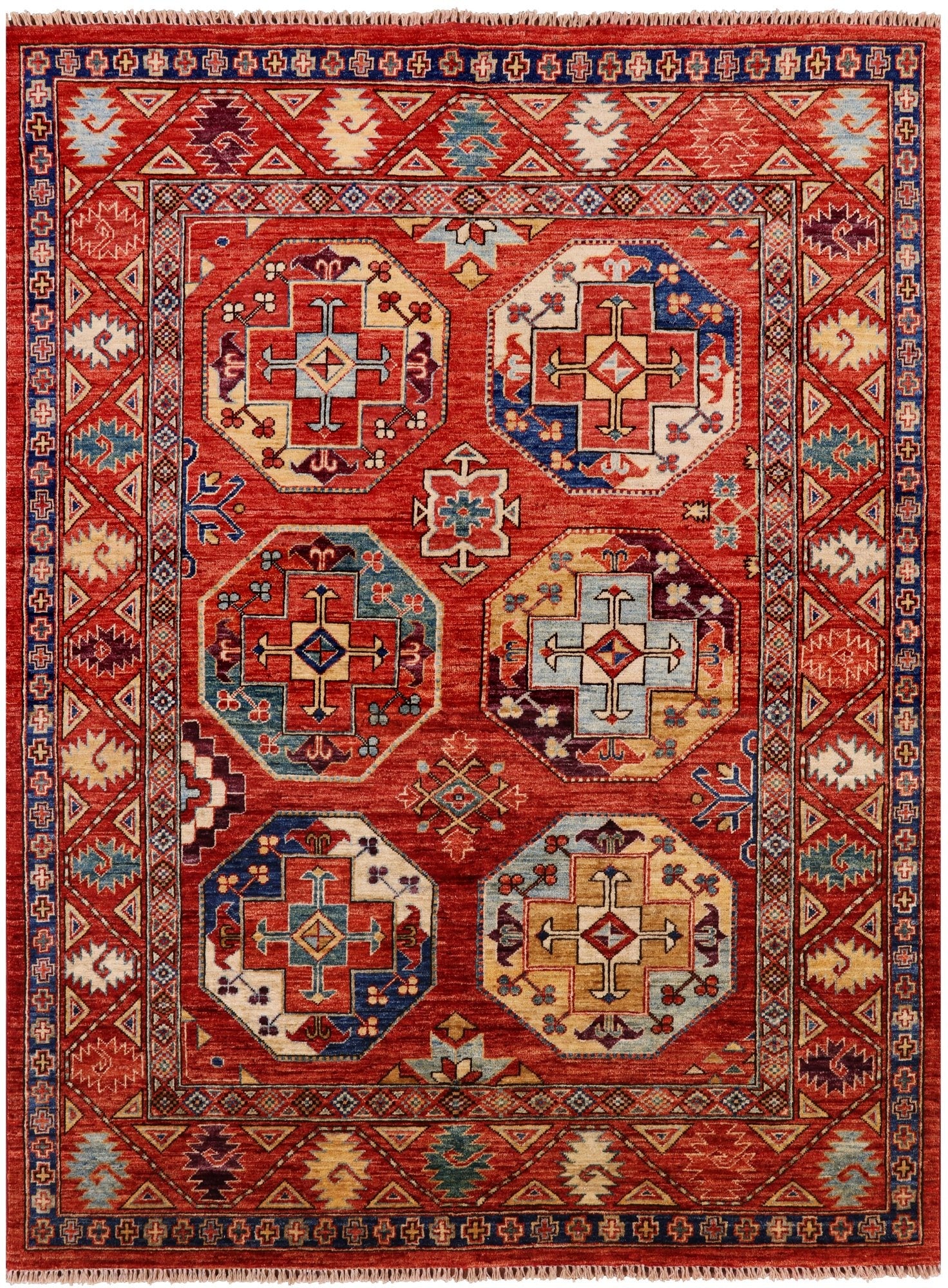 Red Turkmen Ersari Hand Knotted Wool Rug - 5' 0" X 6' 8" - Golden Nile