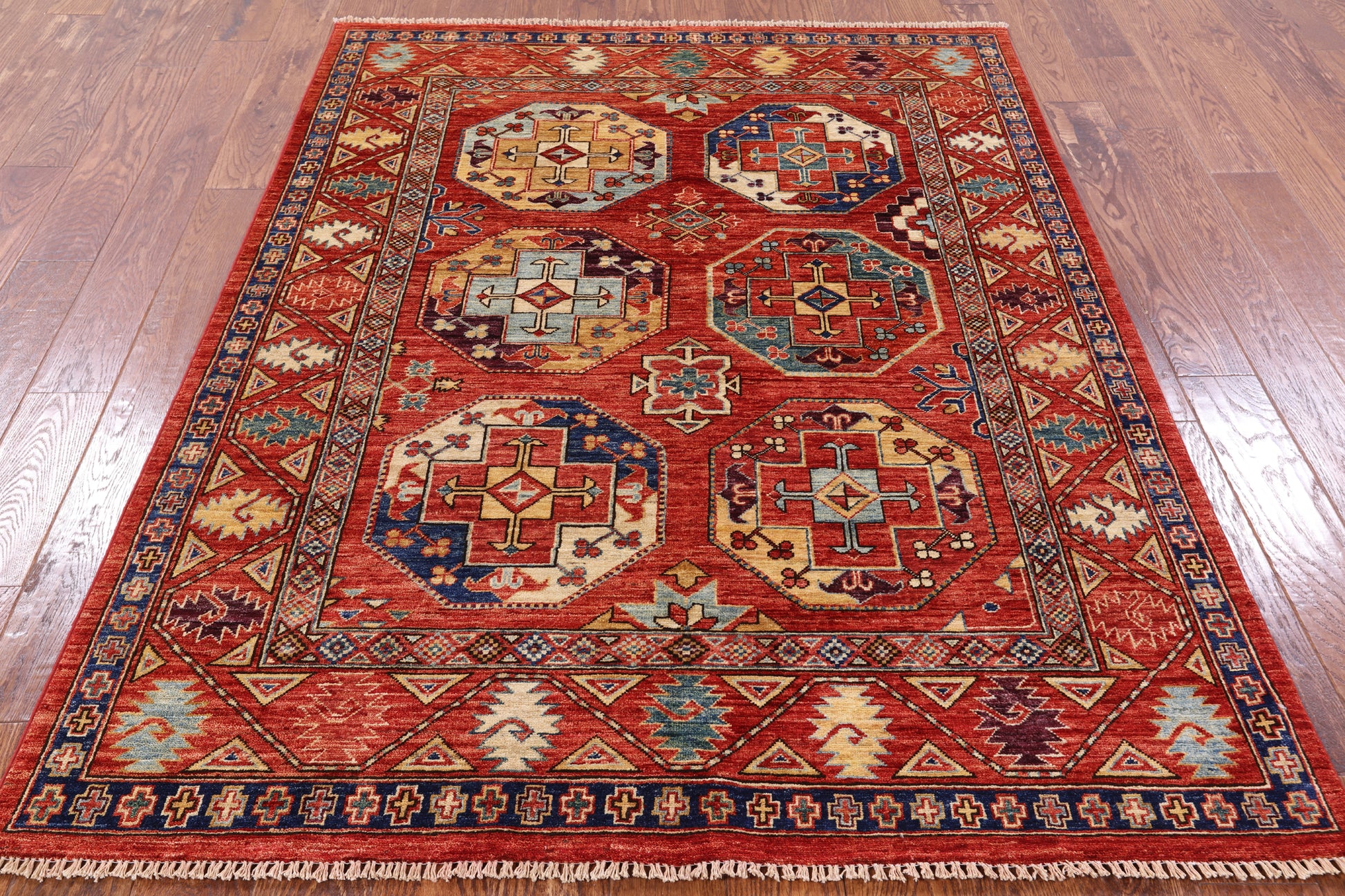 Red Turkmen Ersari Hand Knotted Wool Rug - 5' 0" X 6' 8" - Golden Nile