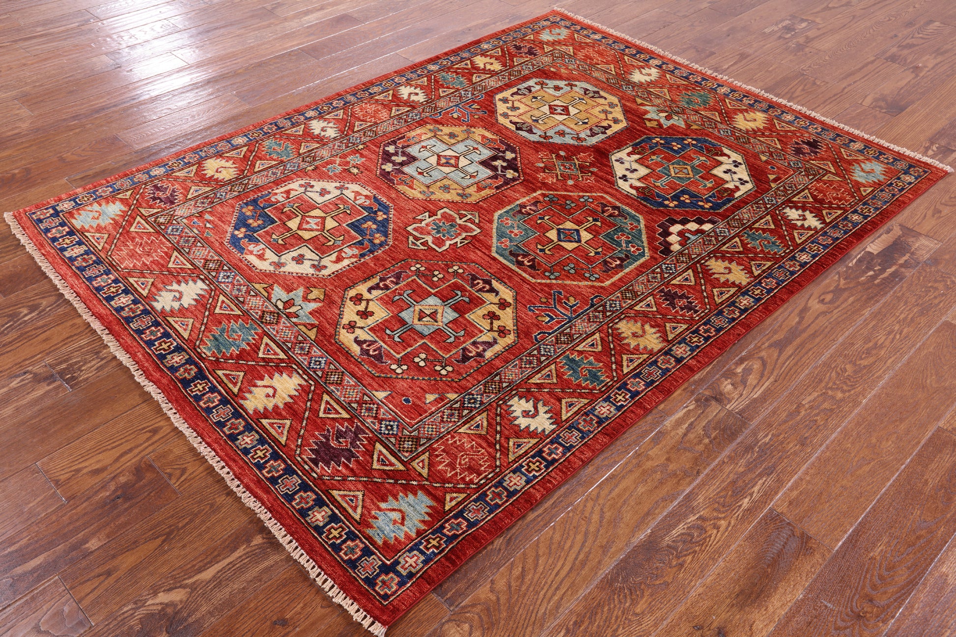 Red Turkmen Ersari Hand Knotted Wool Rug - 5' 0" X 6' 8" - Golden Nile