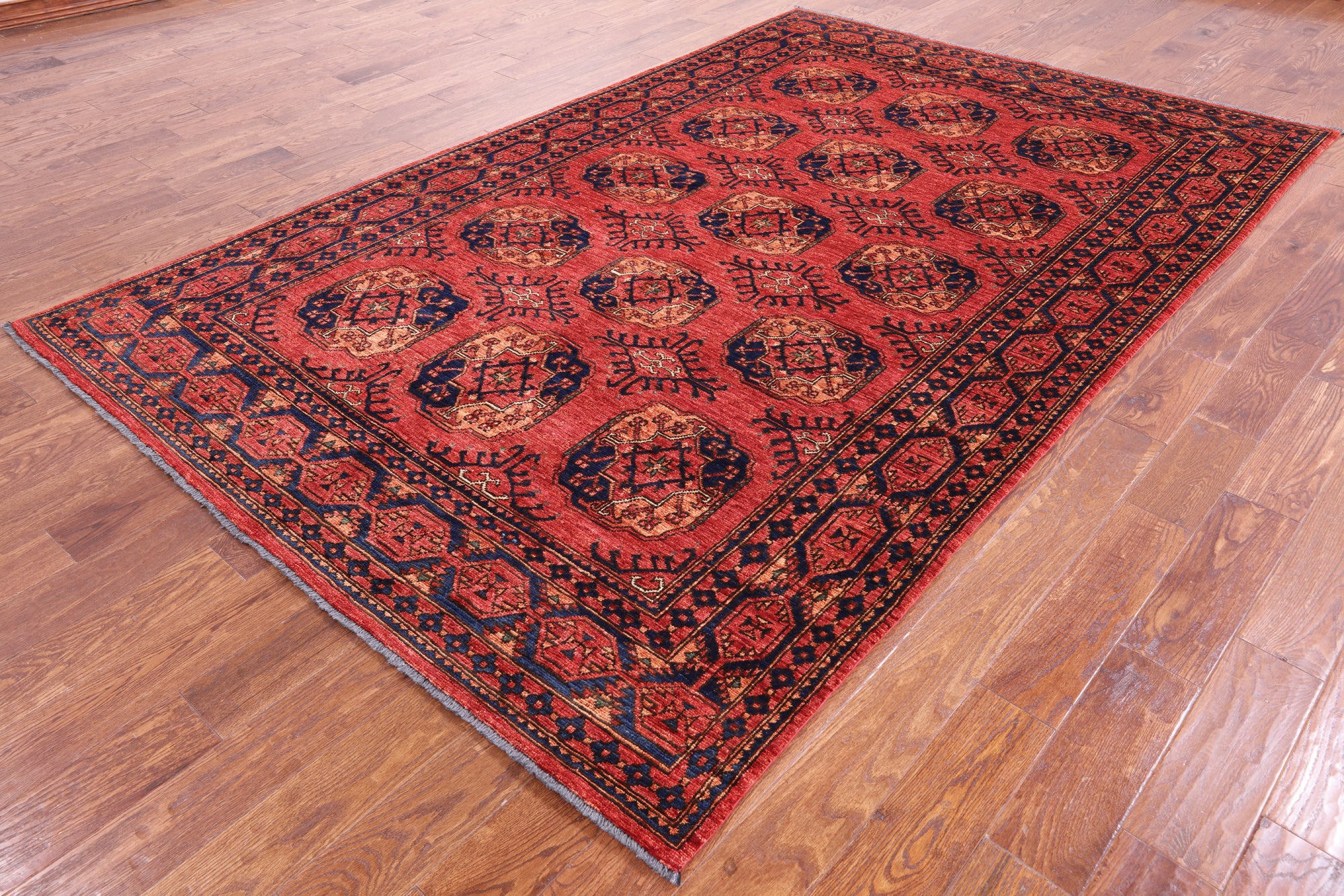 Red Turkmen Ersari Handmade Wool On Wool Rug - 6' 5" X 10' 0" - Golden Nile