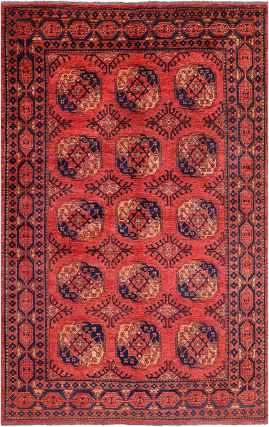 Red Turkmen Ersari Handmade Wool On Wool Rug - 6' 5" X 10' 0" - Golden Nile