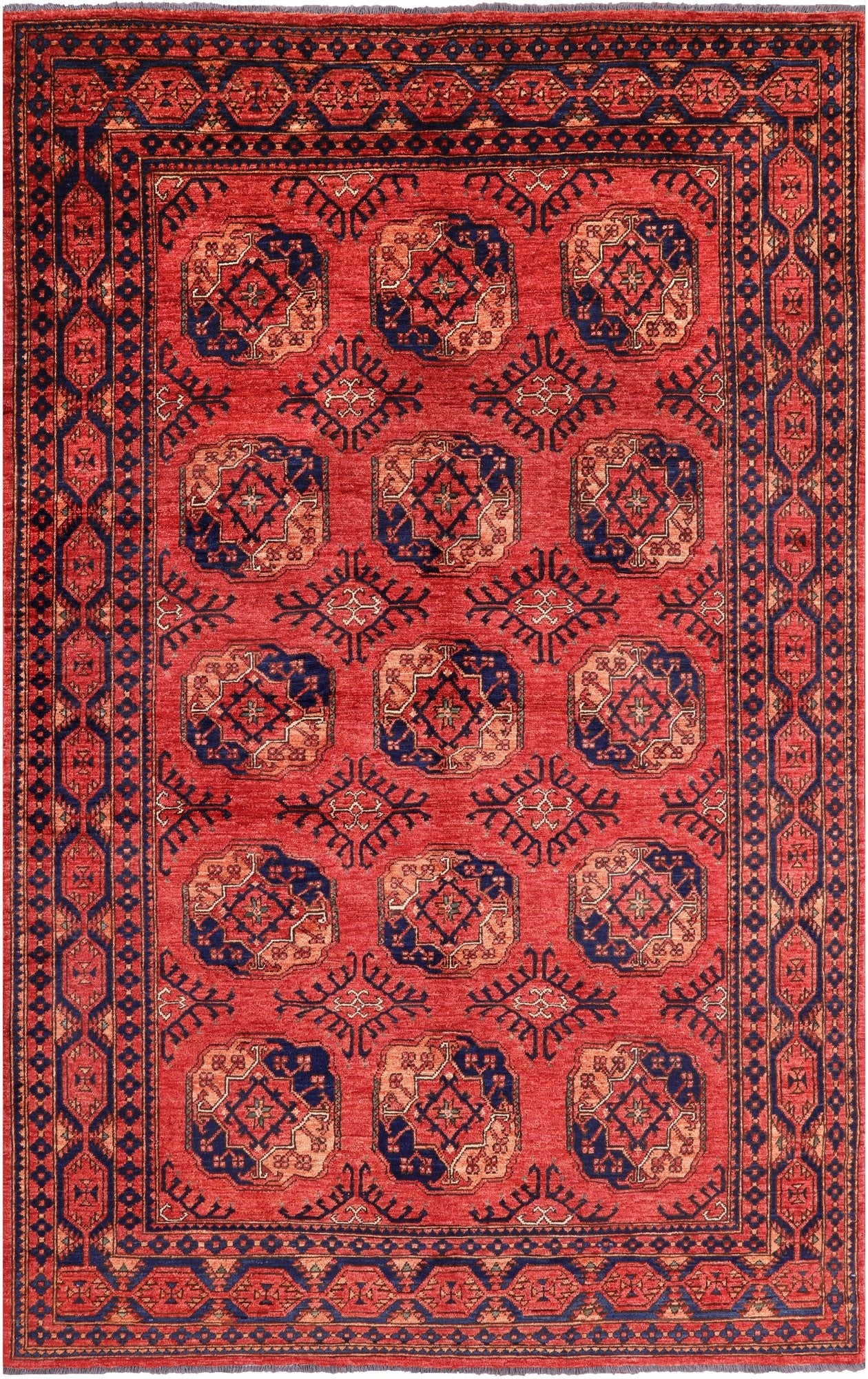 Red Turkmen Ersari Handmade Wool On Wool Rug - 6' 5" X 10' 0" - Golden Nile