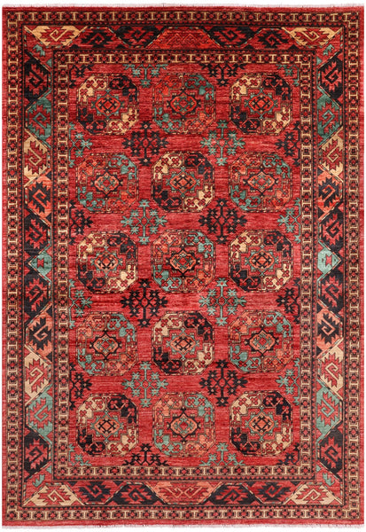 Red Turkmen Ersari Handmade Wool Rug - 6' 6" X 9' 4" - Golden Nile