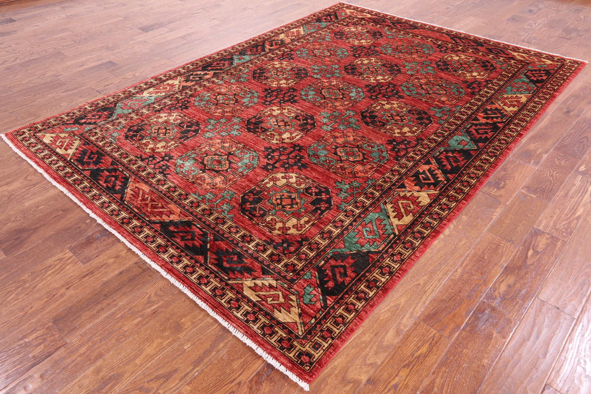 Red Turkmen Ersari Handmade Wool Rug - 6' 6" X 9' 4" - Golden Nile