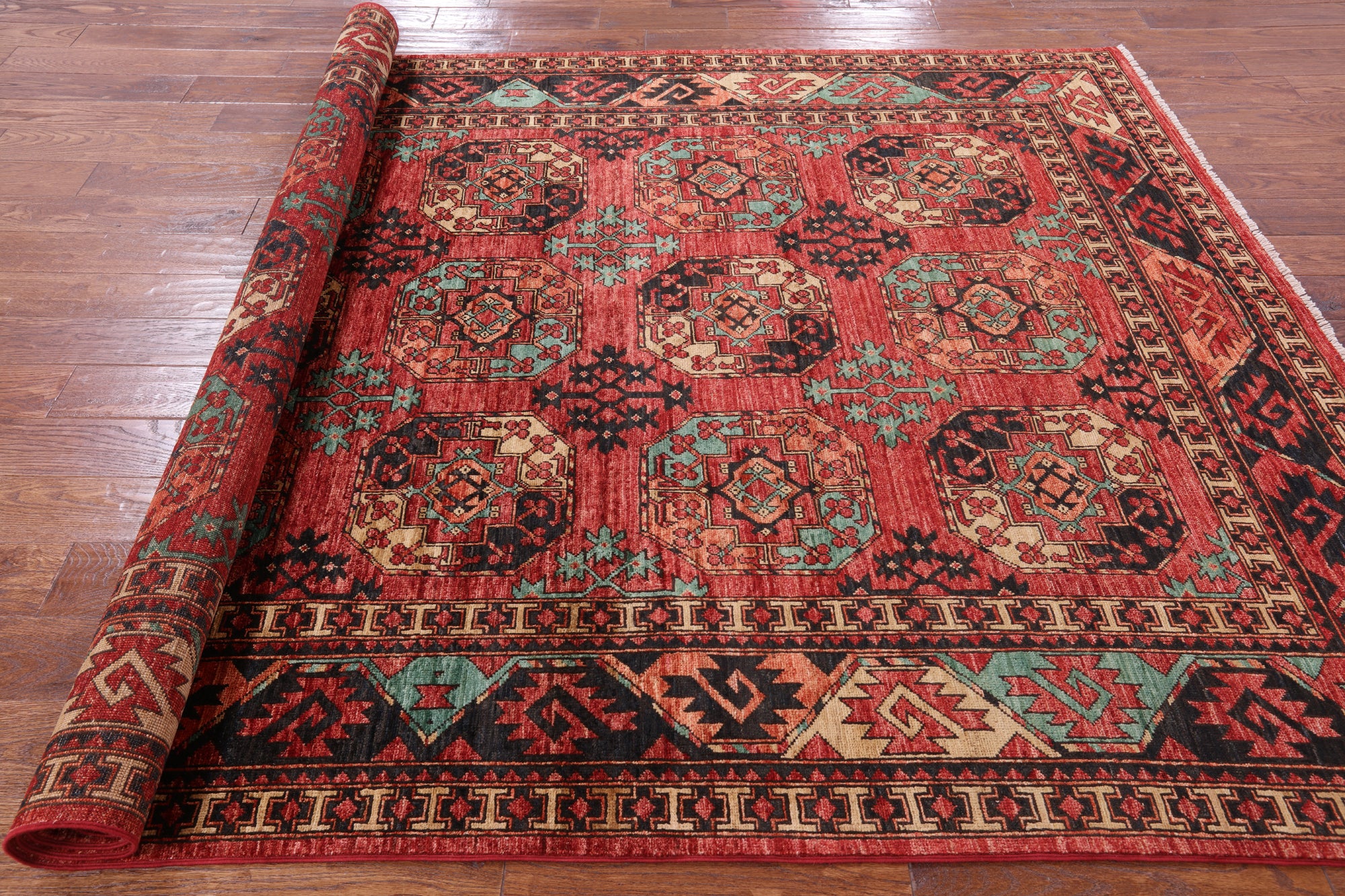 Red Turkmen Ersari Handmade Wool Rug - 6' 6" X 9' 4" - Golden Nile
