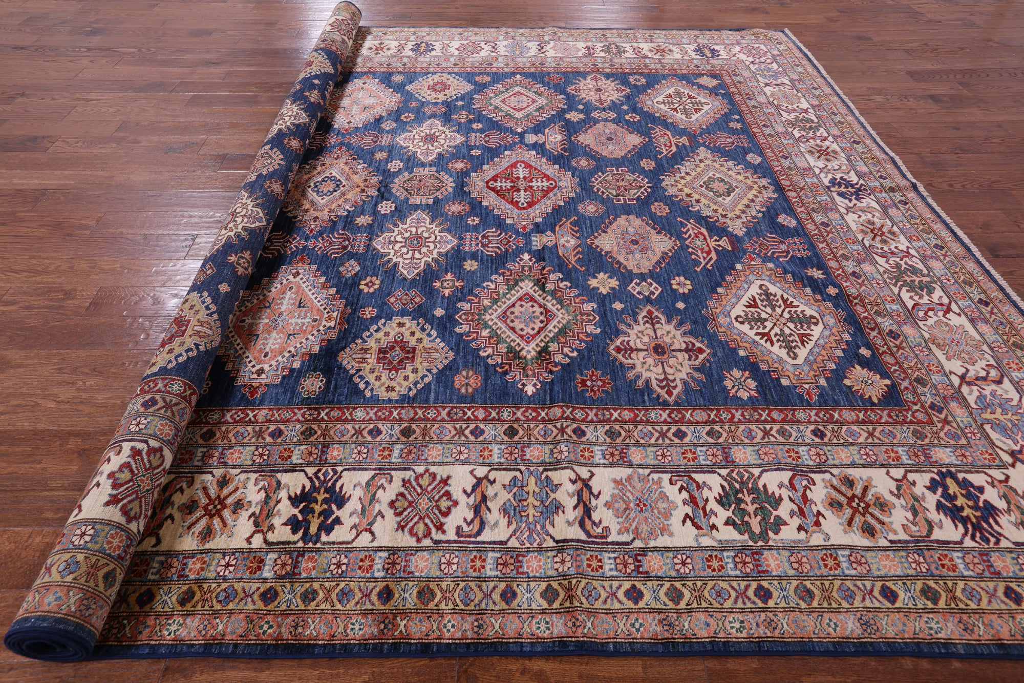 Blue Super Kazak Hand Knotted Wool Rug - 10' 1" X 13' 1" - Golden Nile