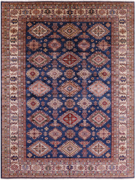 Blue Super Kazak Hand Knotted Wool Rug - 10' 1" X 13' 1" - Golden Nile