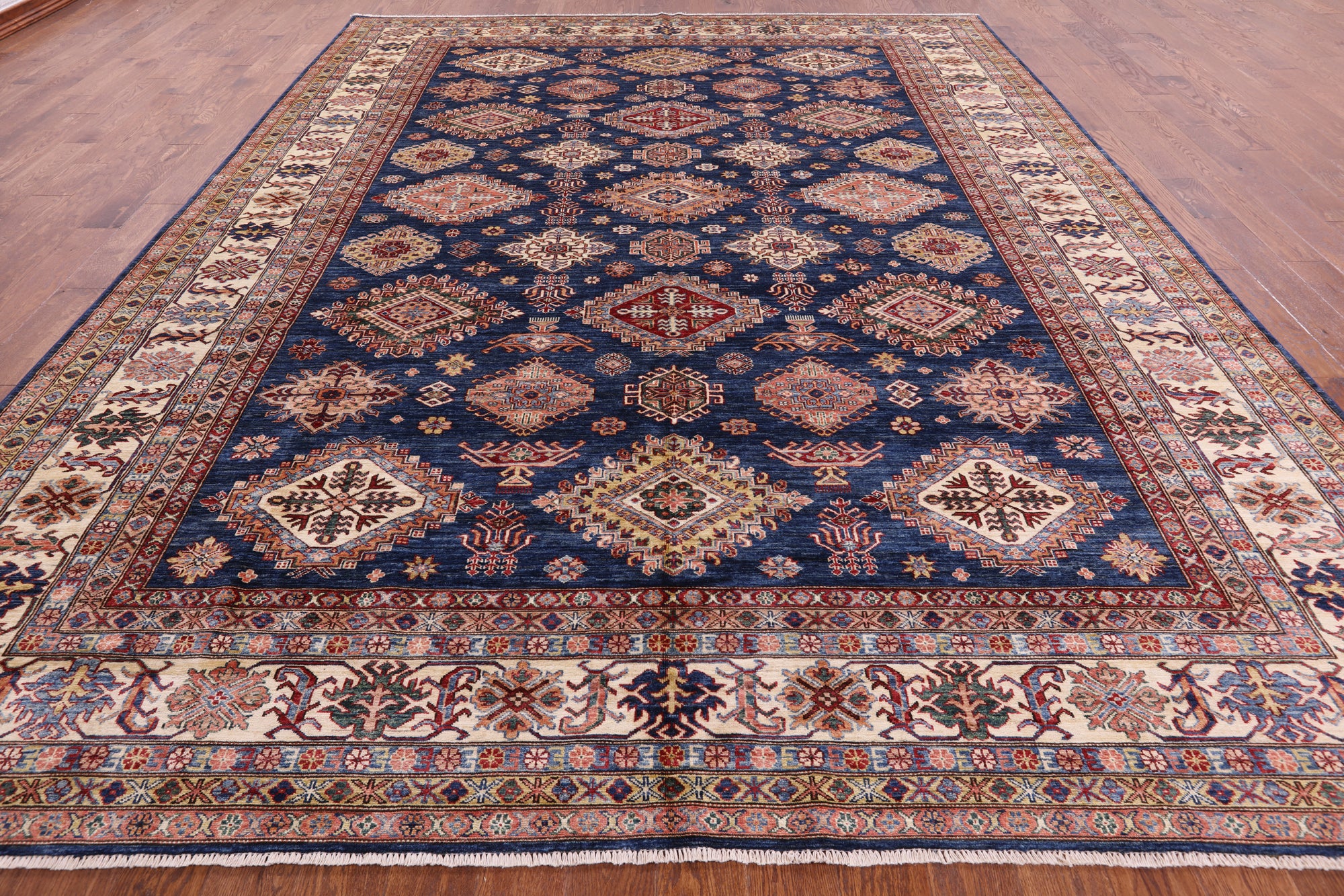 Blue Super Kazak Hand Knotted Wool Rug - 10' 1" X 13' 1" - Golden Nile